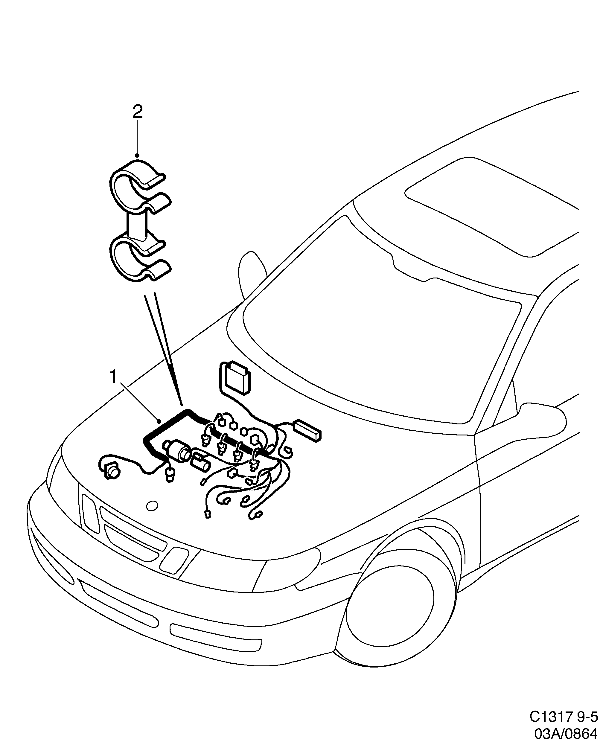 Schéma technique Saab 9-5 (9600) 2002 - Section 864 : Wiring and fuses