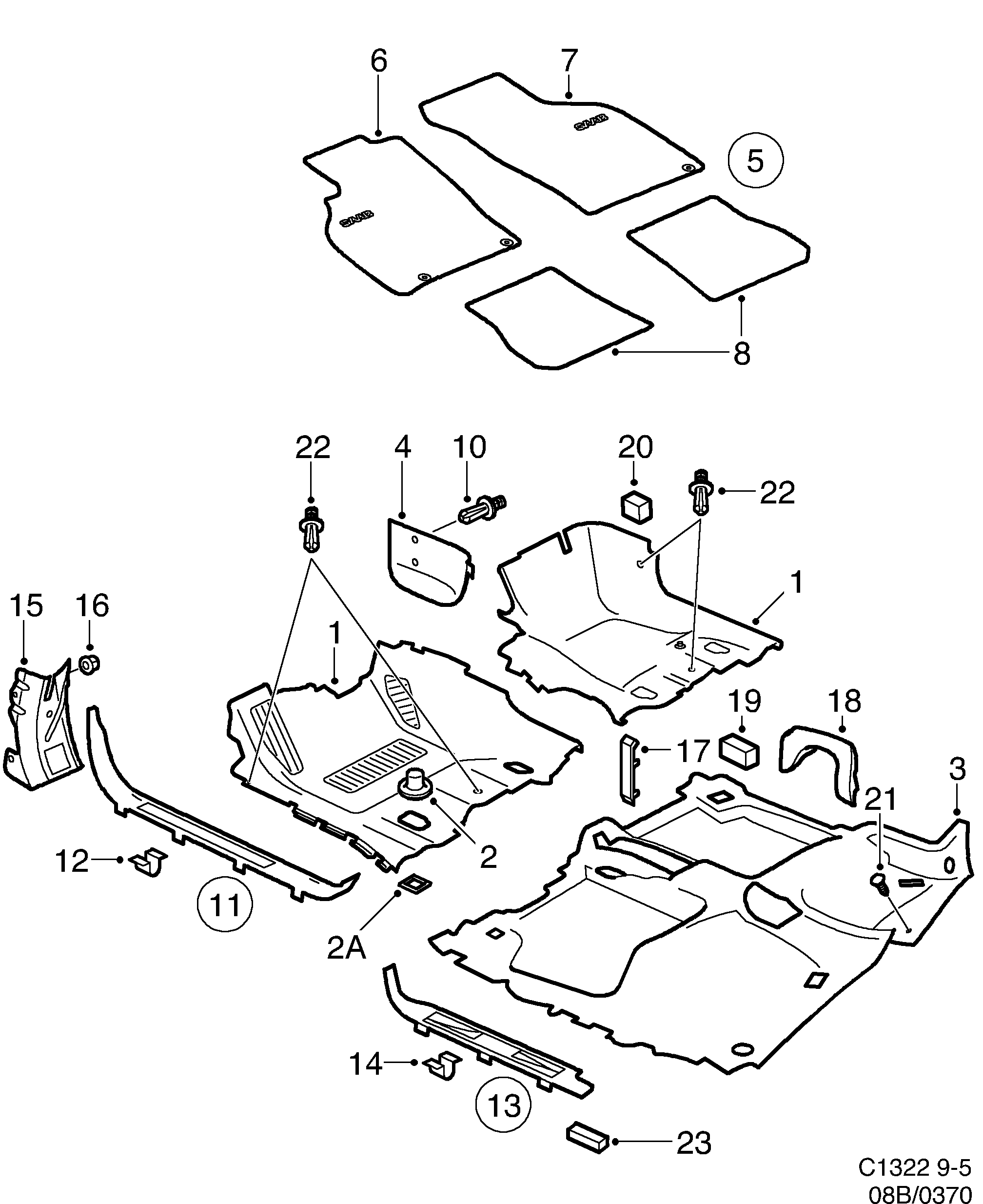 Schéma technique Saab 9-5 (9600) 2000 - Section 375 : Обшивка