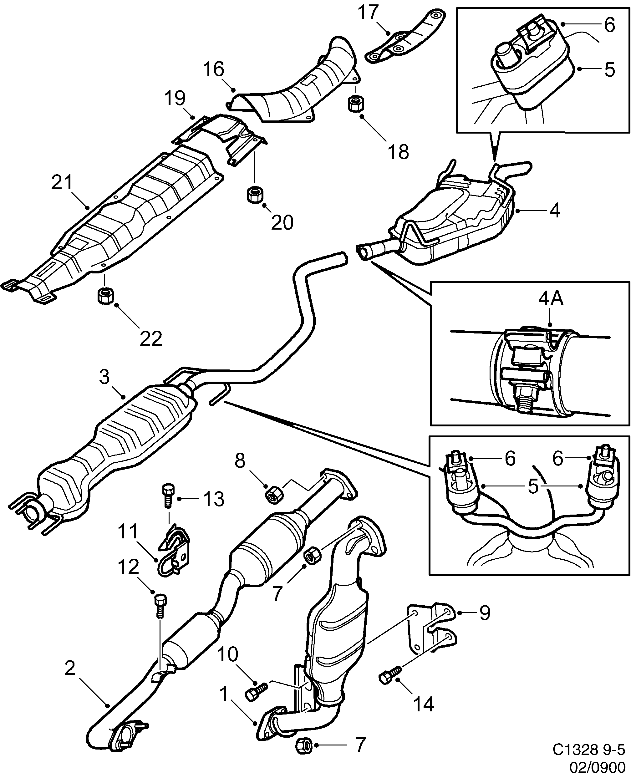 Schéma technique Saab 9-5 (9600) 2002 - Section 900 : Système d'admission et d'échappement