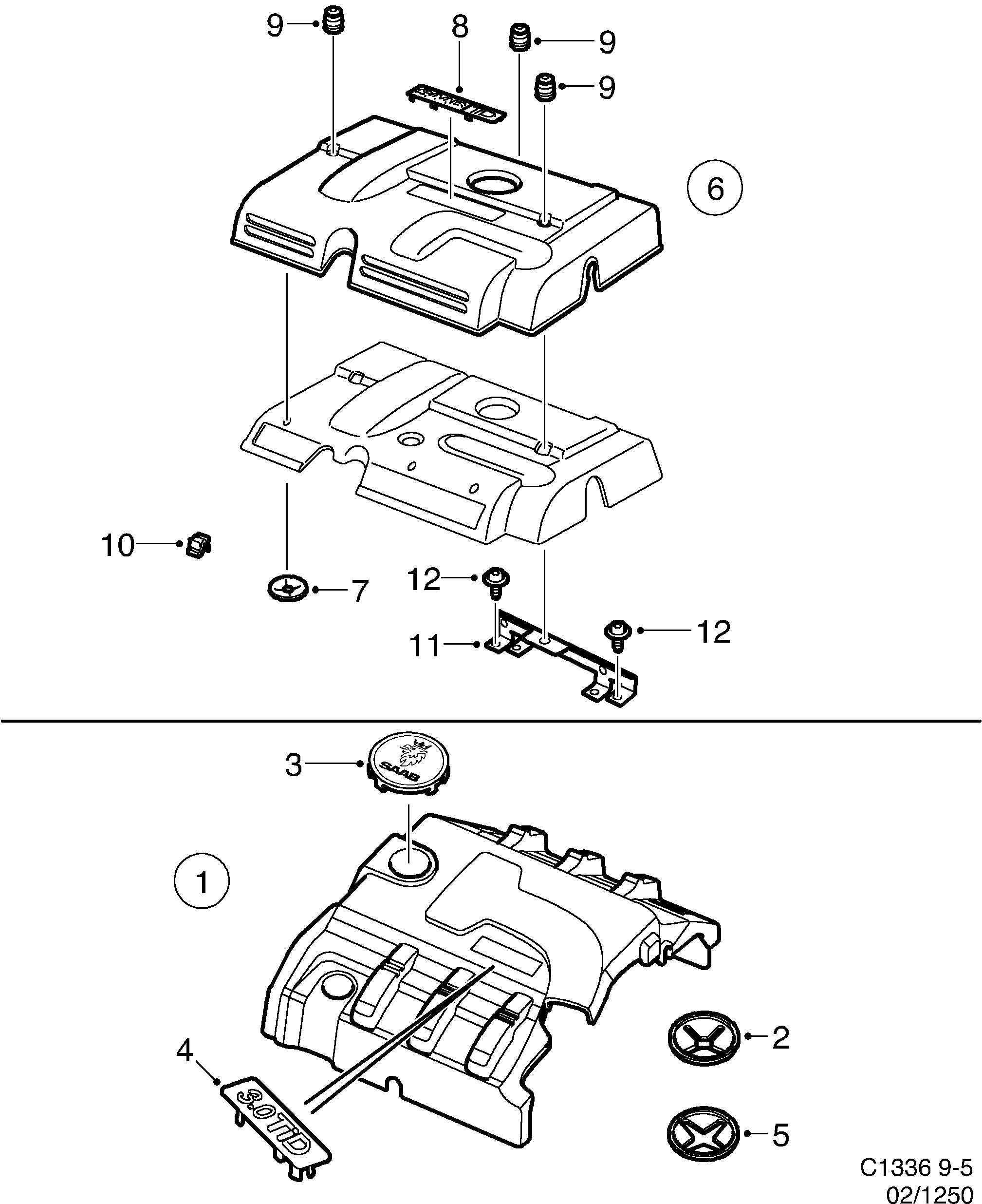 Schéma technique Saab 9-5 (9600) 2003 - Section 1250 : Engine bay cover