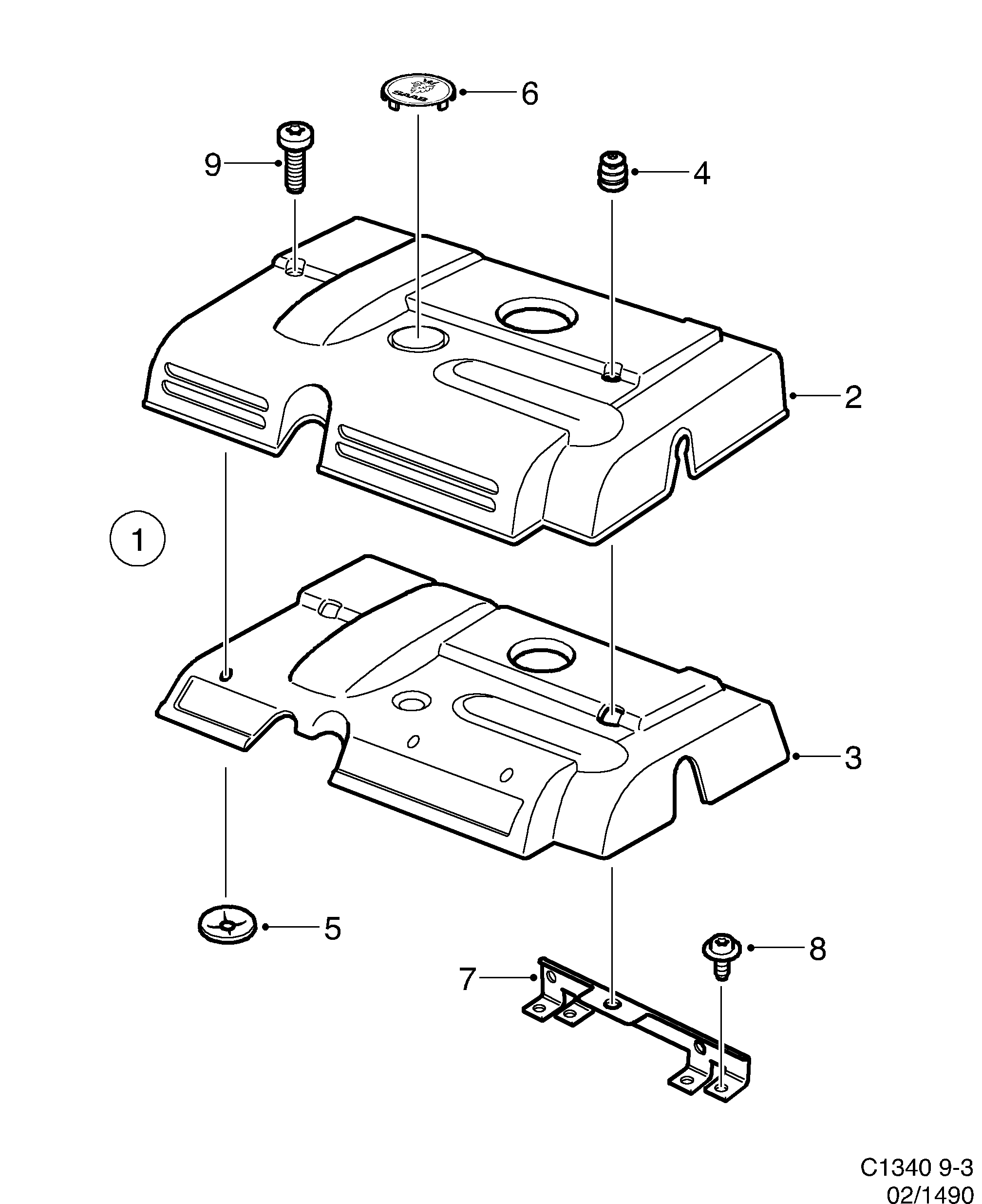 Schéma technique Saab 9-3 (9400) 2001 - Section 1490 : Engine bay cover