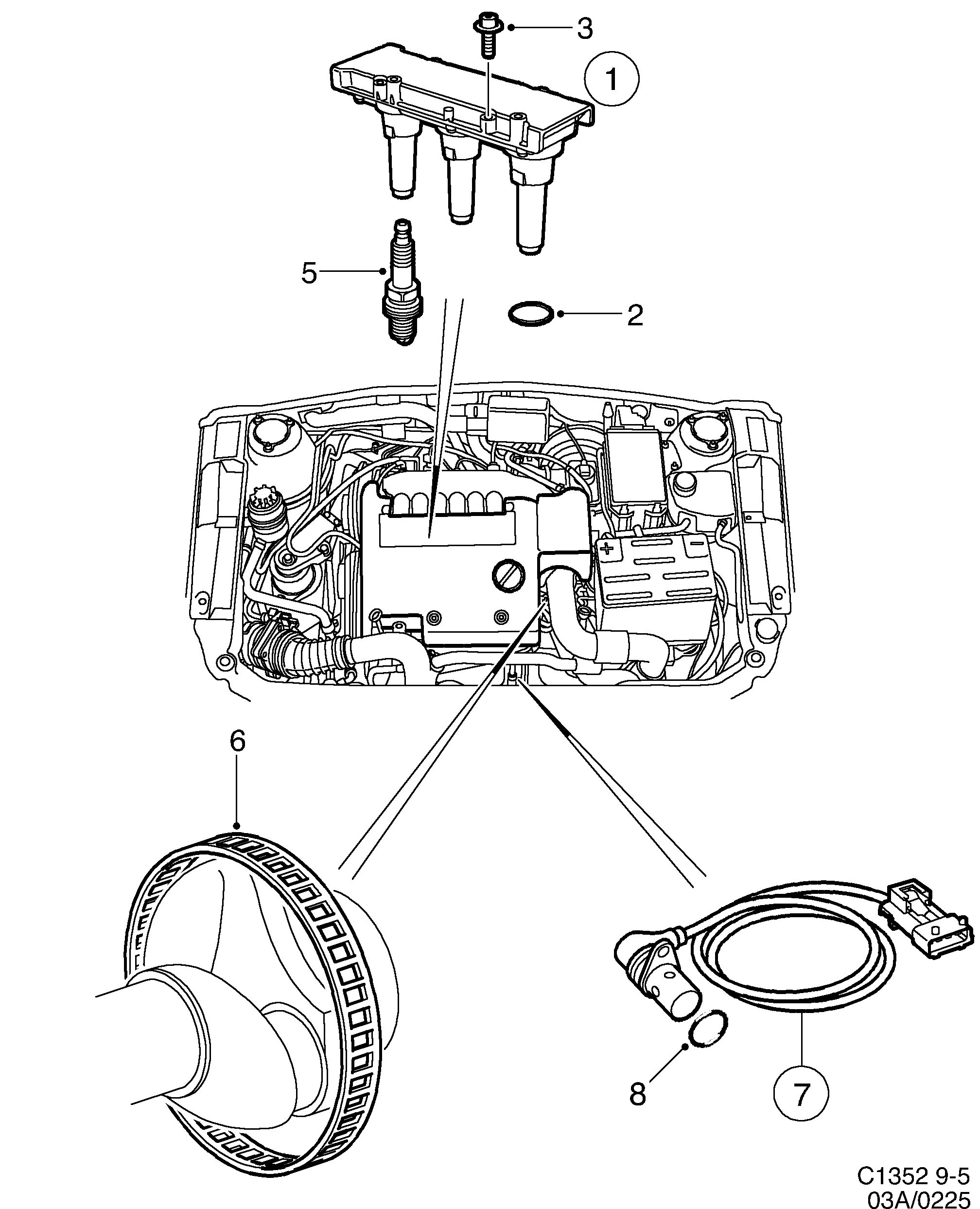Schéma technique Saab 9-5 (9600) 2001 - Section 225 : Système d'allumage