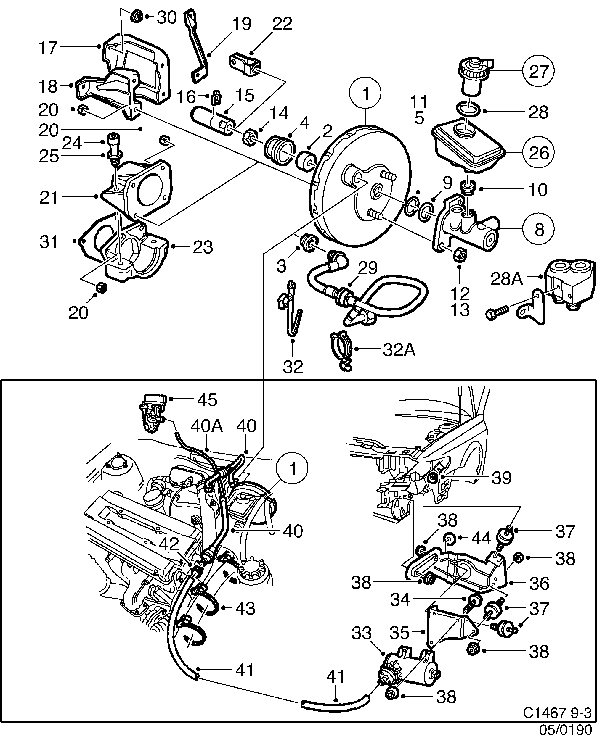 Schéma technique Saab 9-3 (9400) 1999 - Section 190 : Circuit de frein au pied