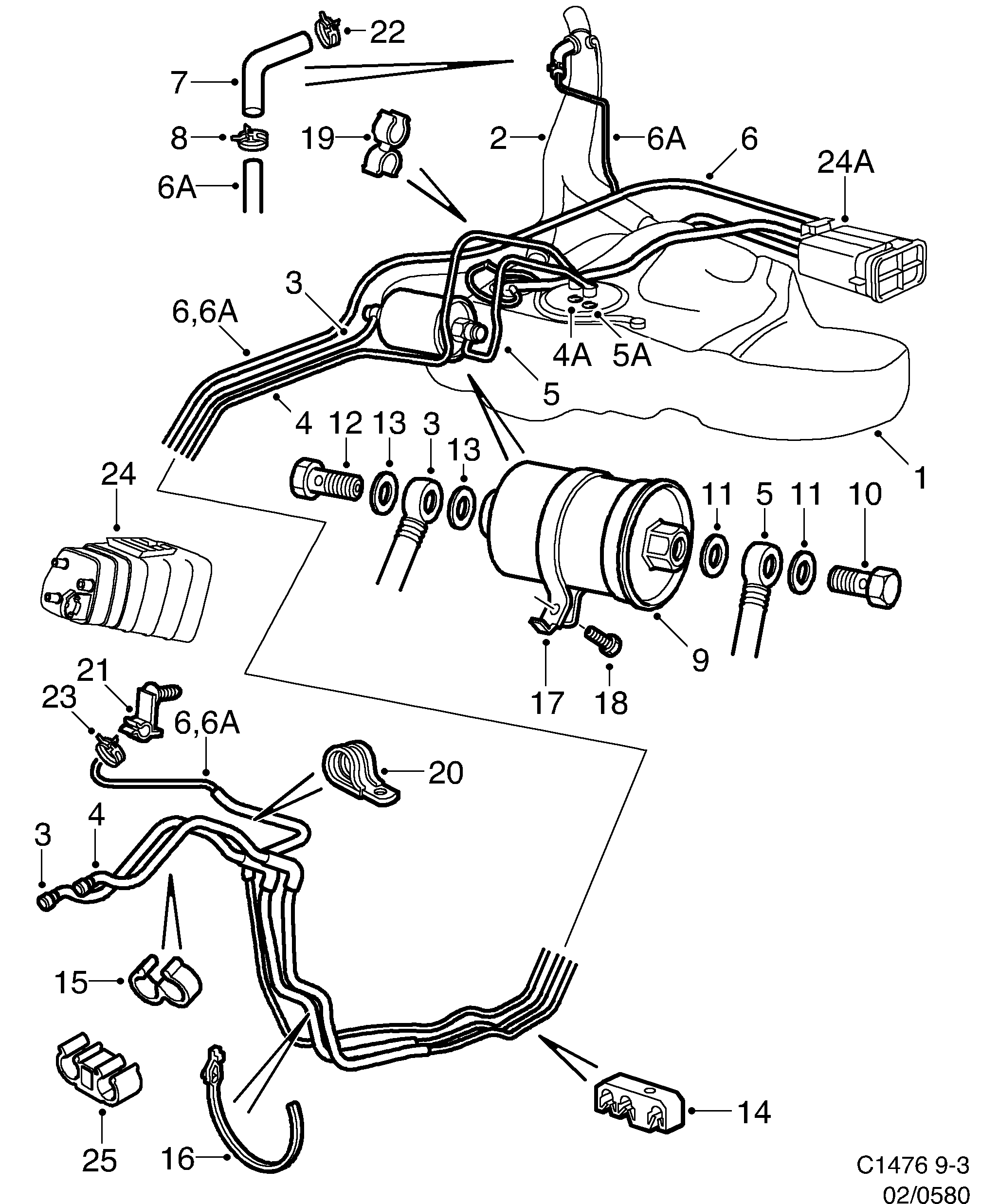 Schéma technique Saab 9-3 (9400) 2002 - Section 580 : Топливная система