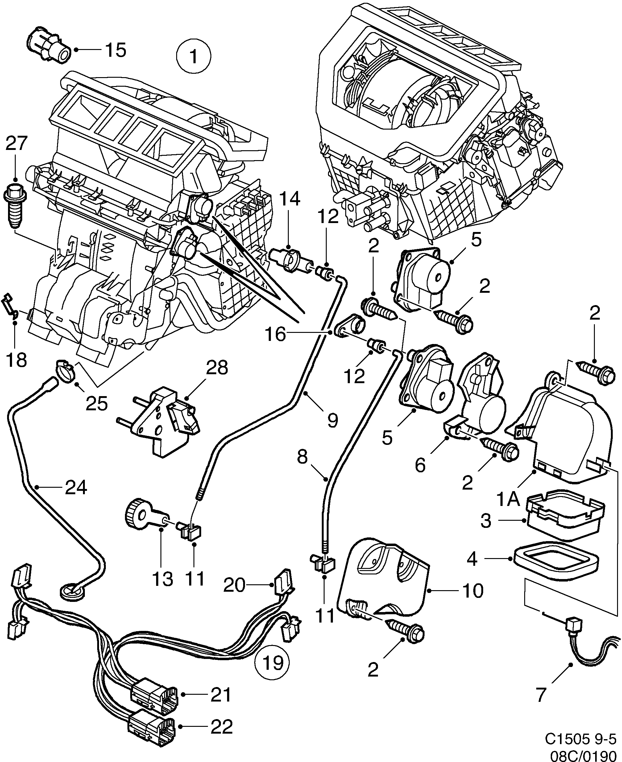 Schéma technique Saab 9-5 (9600) 2000 - Section 190 : Chauffage et ventilation