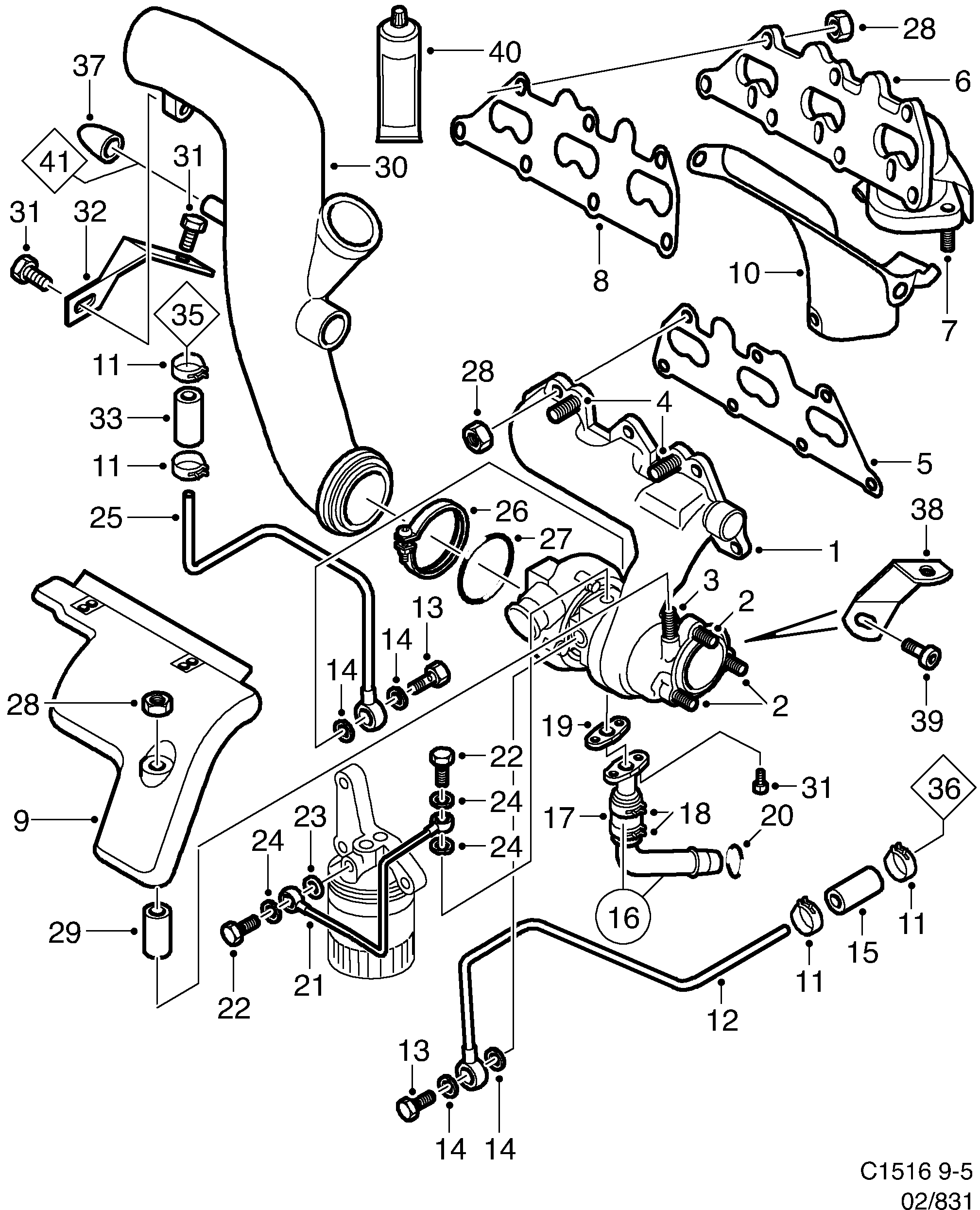 Schéma technique Saab 9-5 (9600) 2000 - Section 830 : Intake and exhaust system