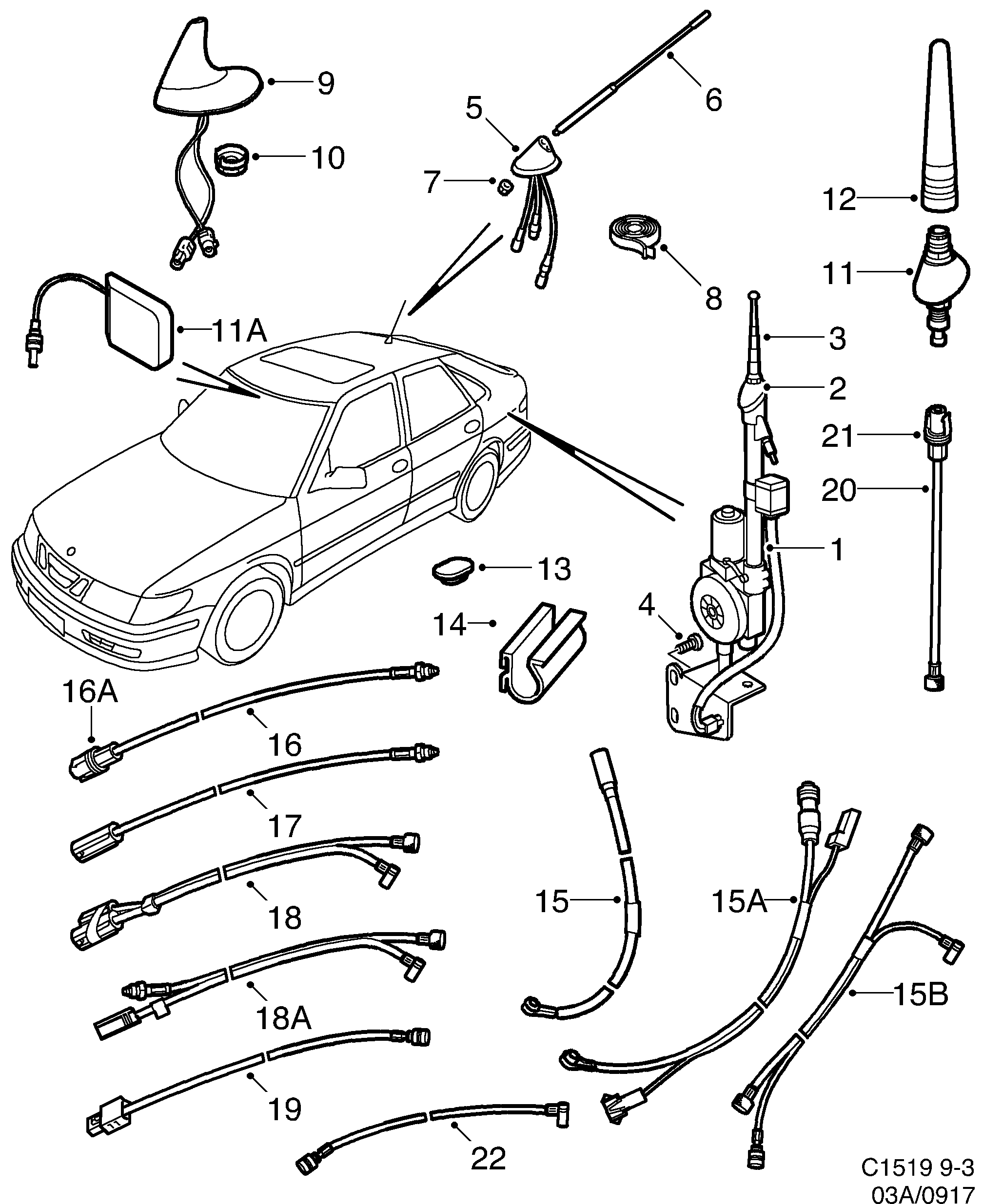 Schéma technique Saab 9-3 (9400) 1998 - Section 917 : Autre équipement électrique