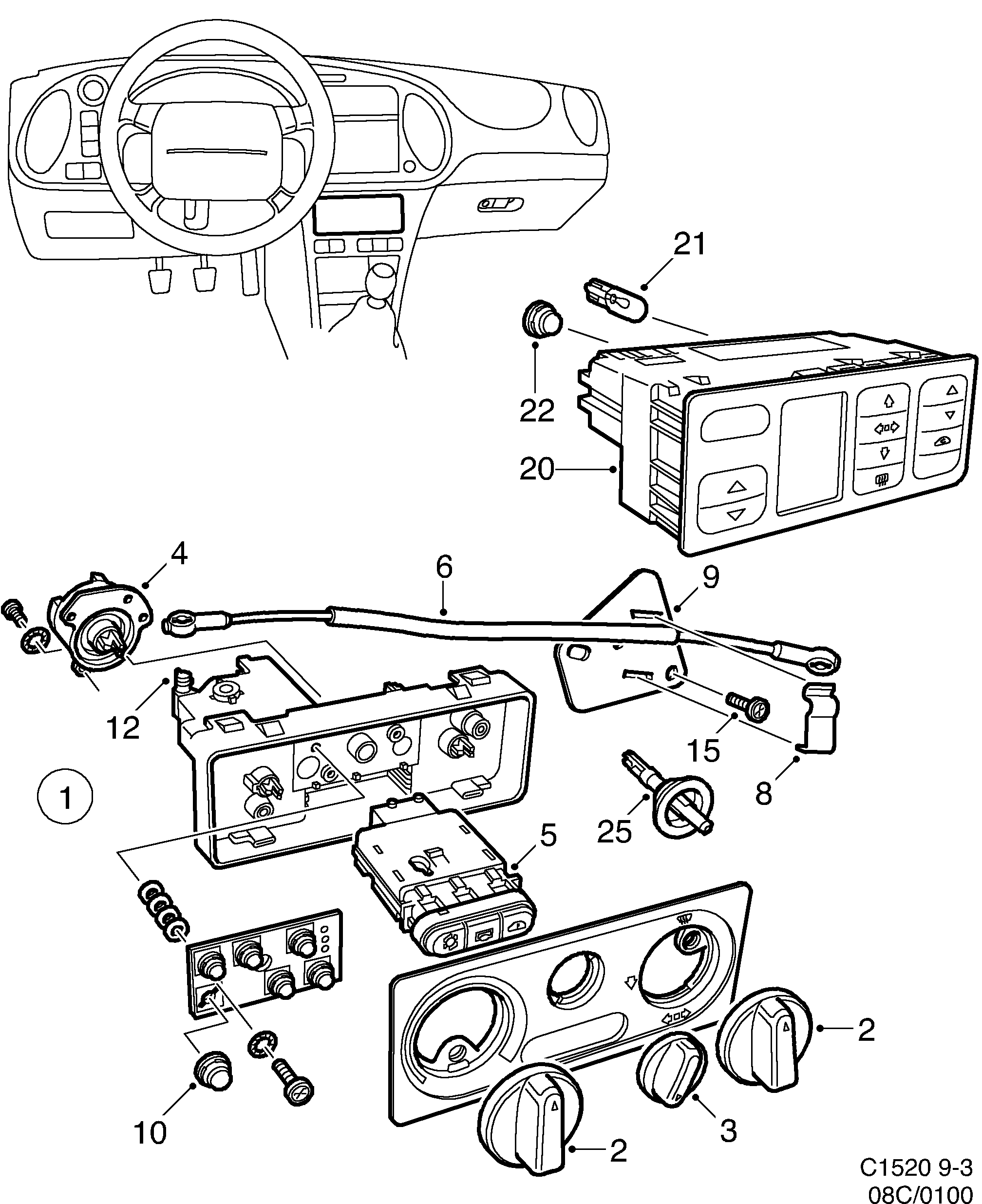 Schéma technique Saab 9-3 (9400) 1999 - Section 100 : Chauffage et ventilation