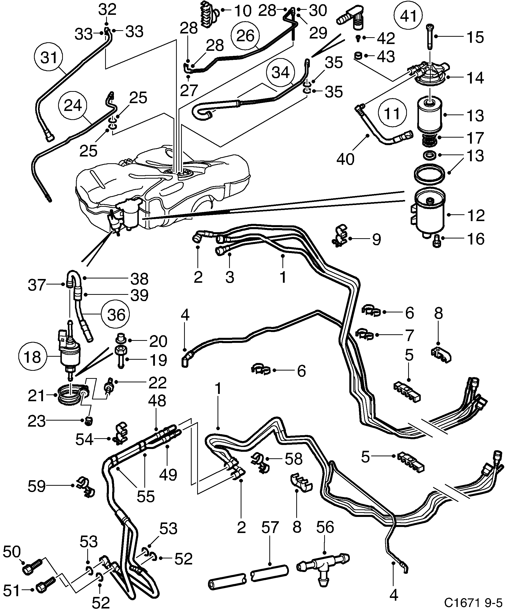 Schéma technique Saab 9-5 (9600) 2003 - Section 590 : Système de carburant