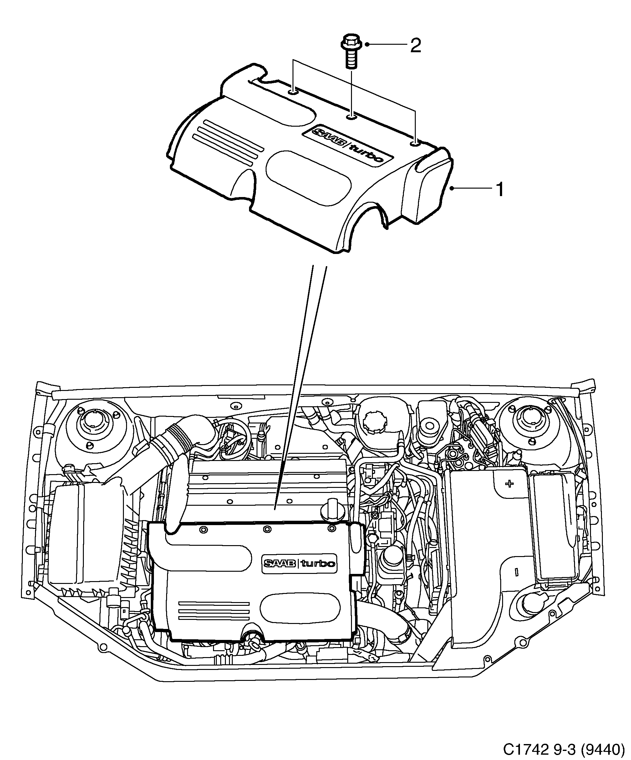 Schéma technique Saab 9-3 (9440) 2005 - Section 8000 : Couvercle de moteur