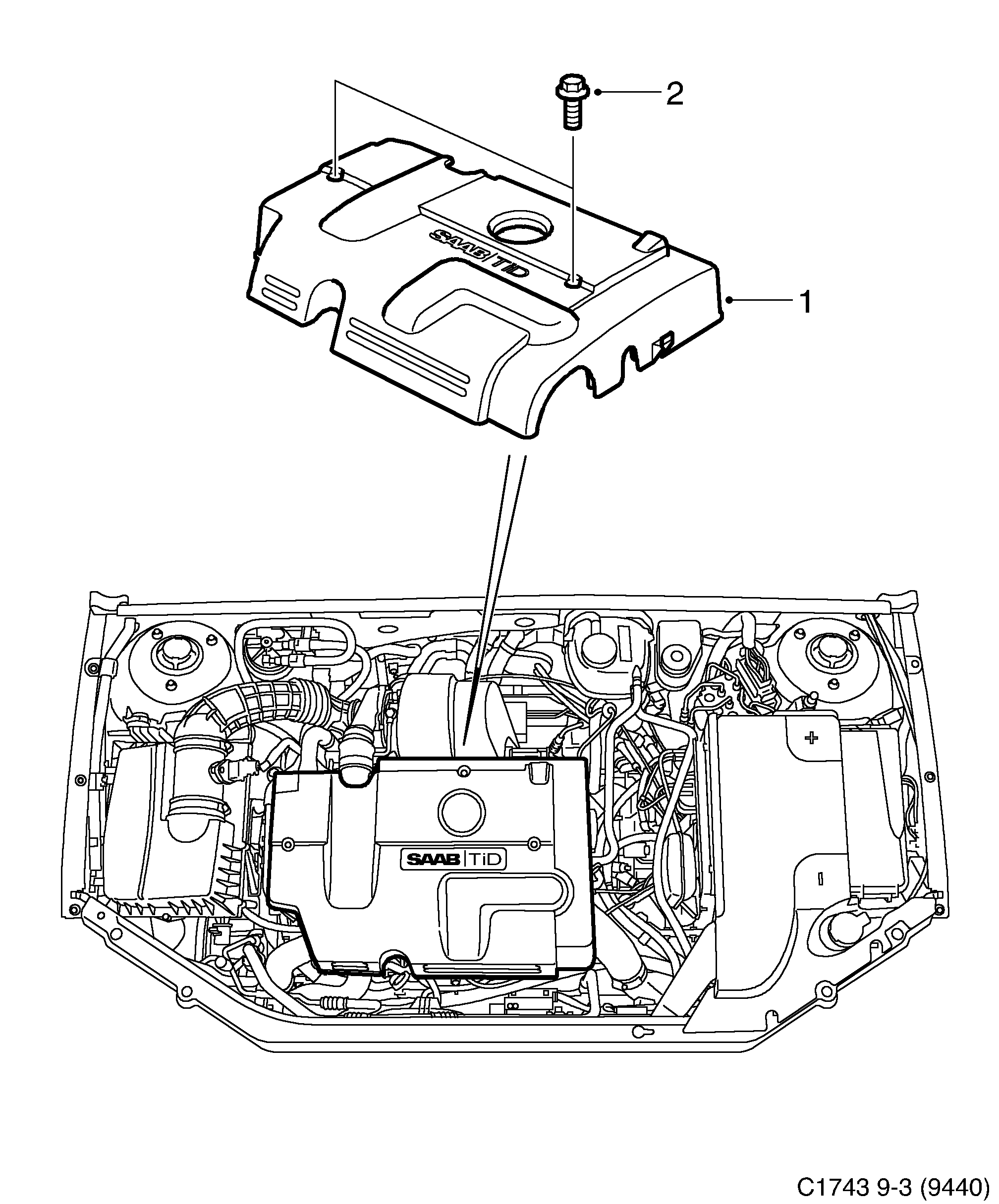 Schéma technique Saab 9-3 (9440) 2003 - Section 8050 : Engine bay cover