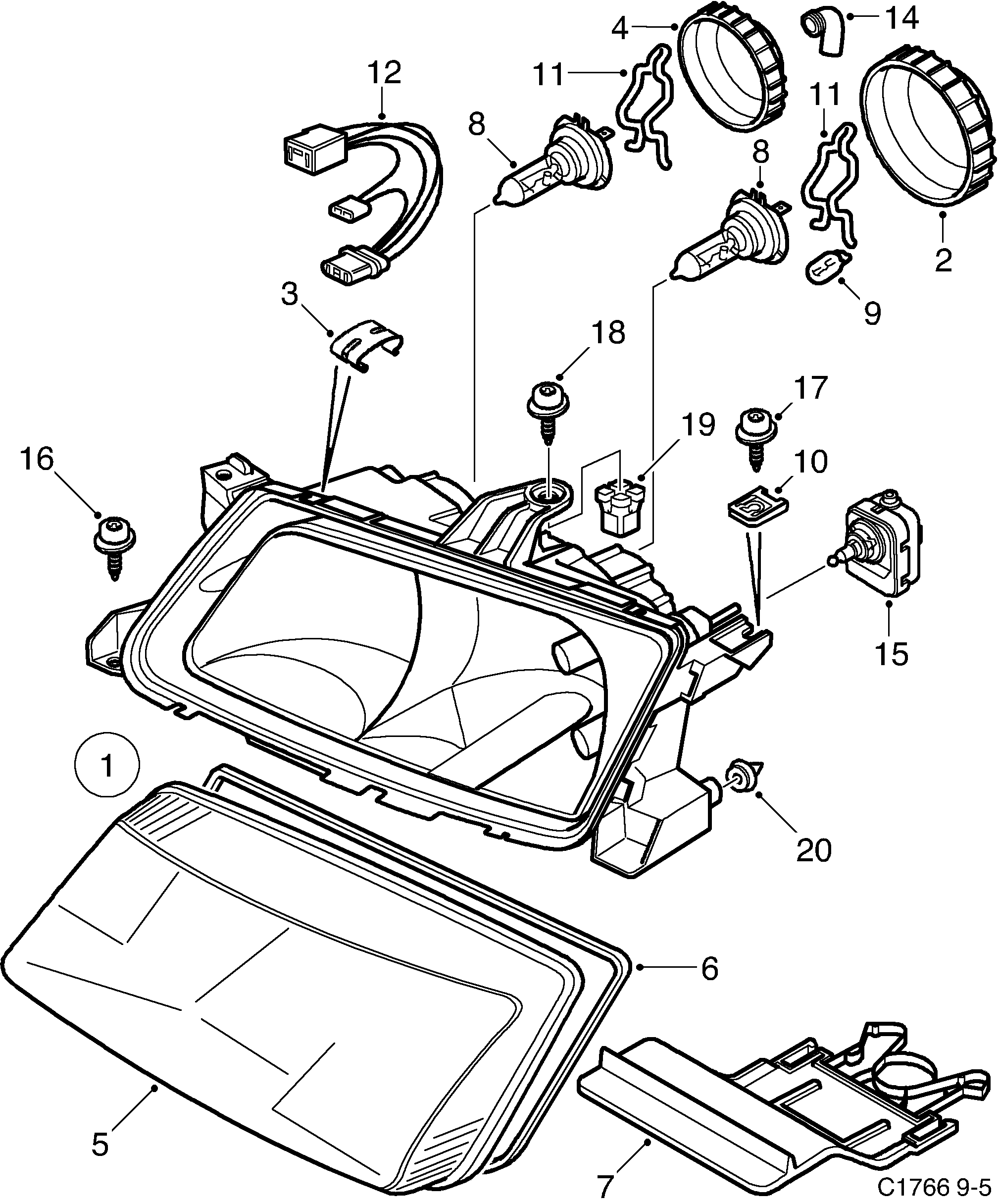 Schéma technique Saab 9-5 (9600) 2000 - Section 250 : Eclairage