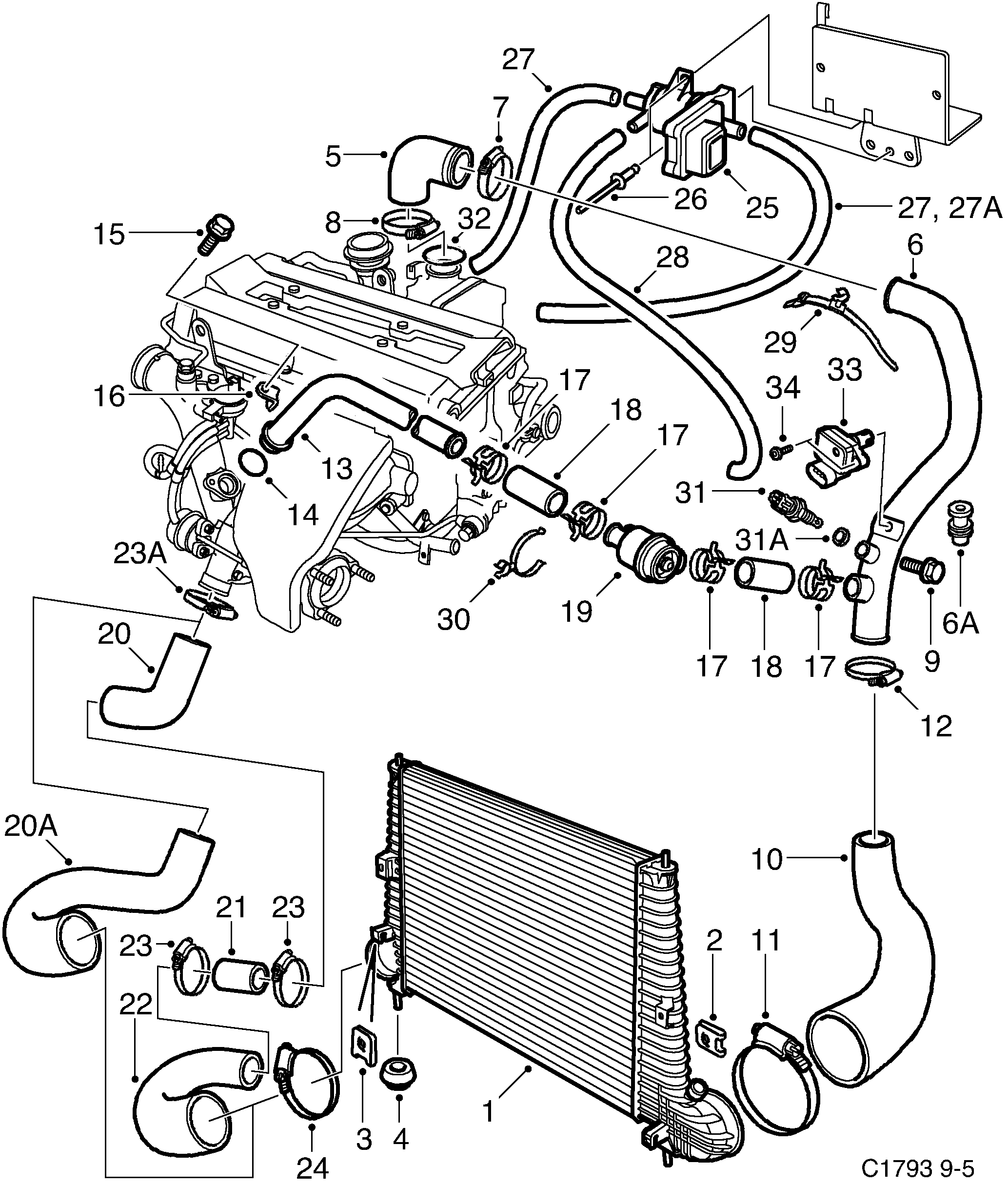 Schéma technique Saab 9-5 (9600) 2000 - Section 1000 : Cooling system