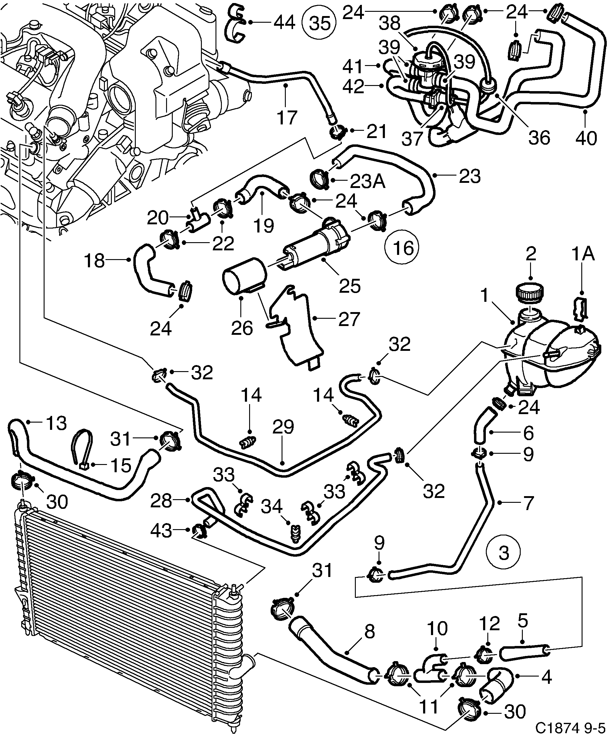 Schéma technique Saab 9-5 (9600) 2002 - Section 950 : Cooling system