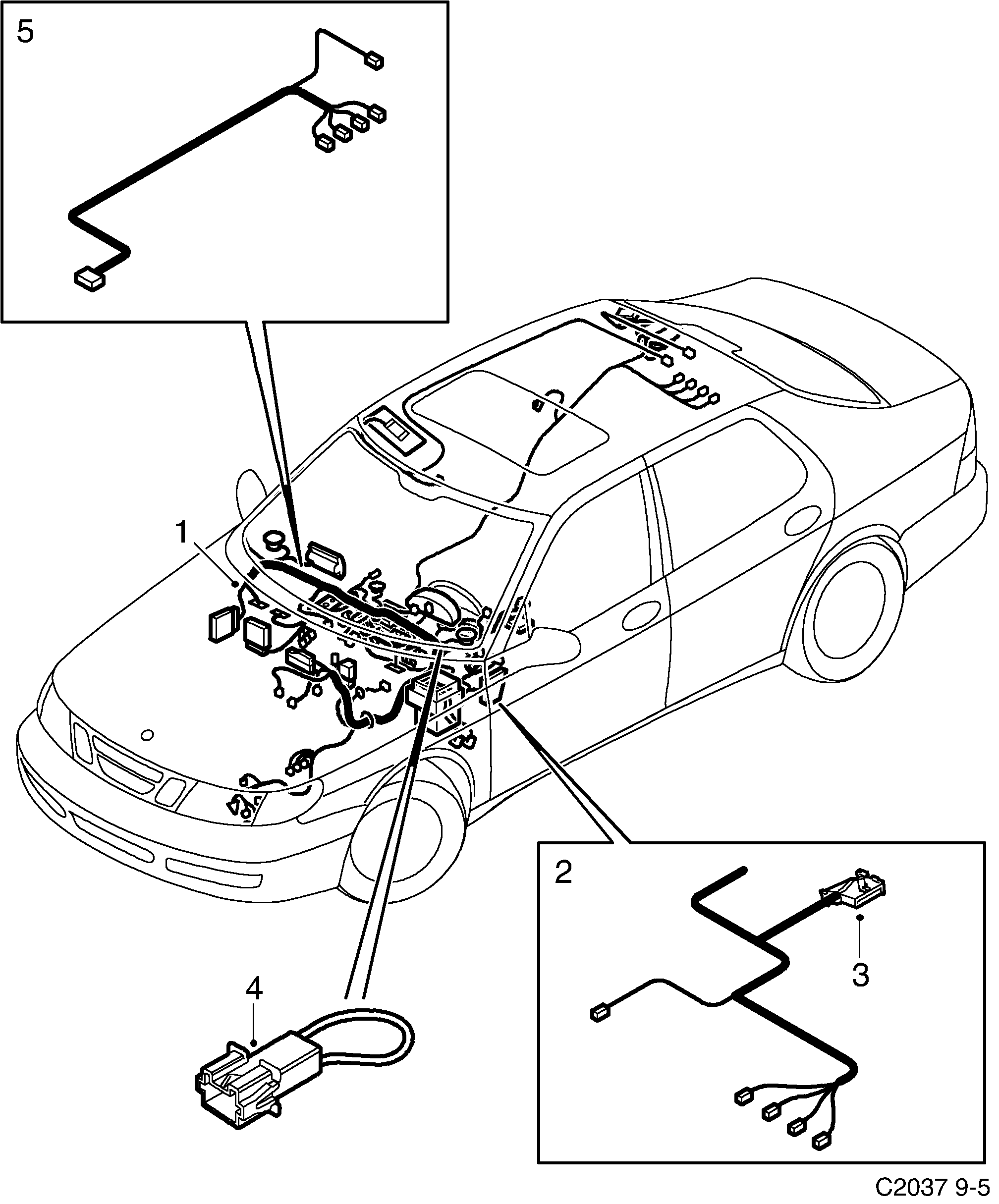 Schéma technique Saab 9-5 (9600) 2004 - Section 893 : Conduites et fusibles