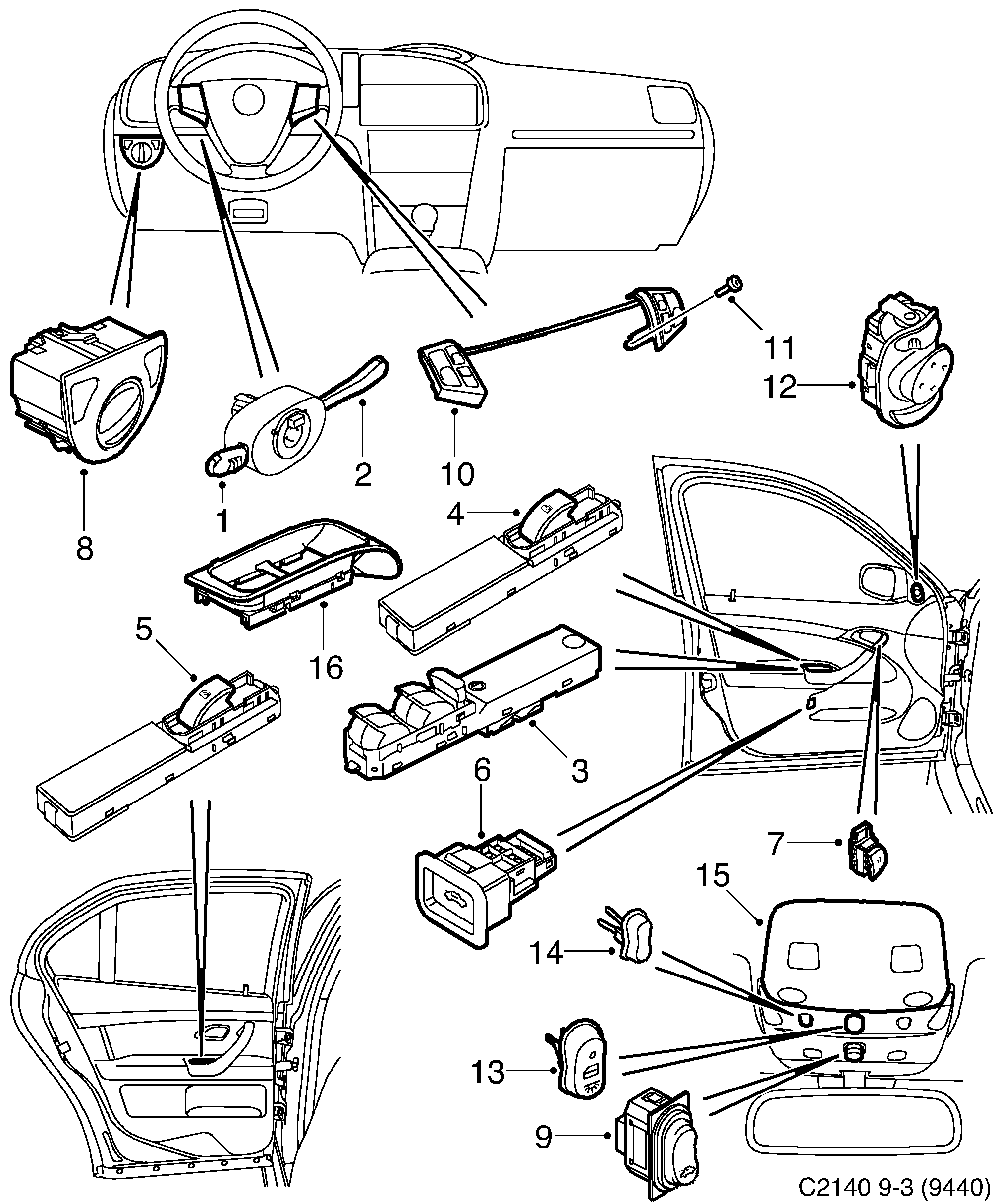 Schéma technique Saab 9-3 (9440) 2007 - Section 1900 : Autre équipement électrique
