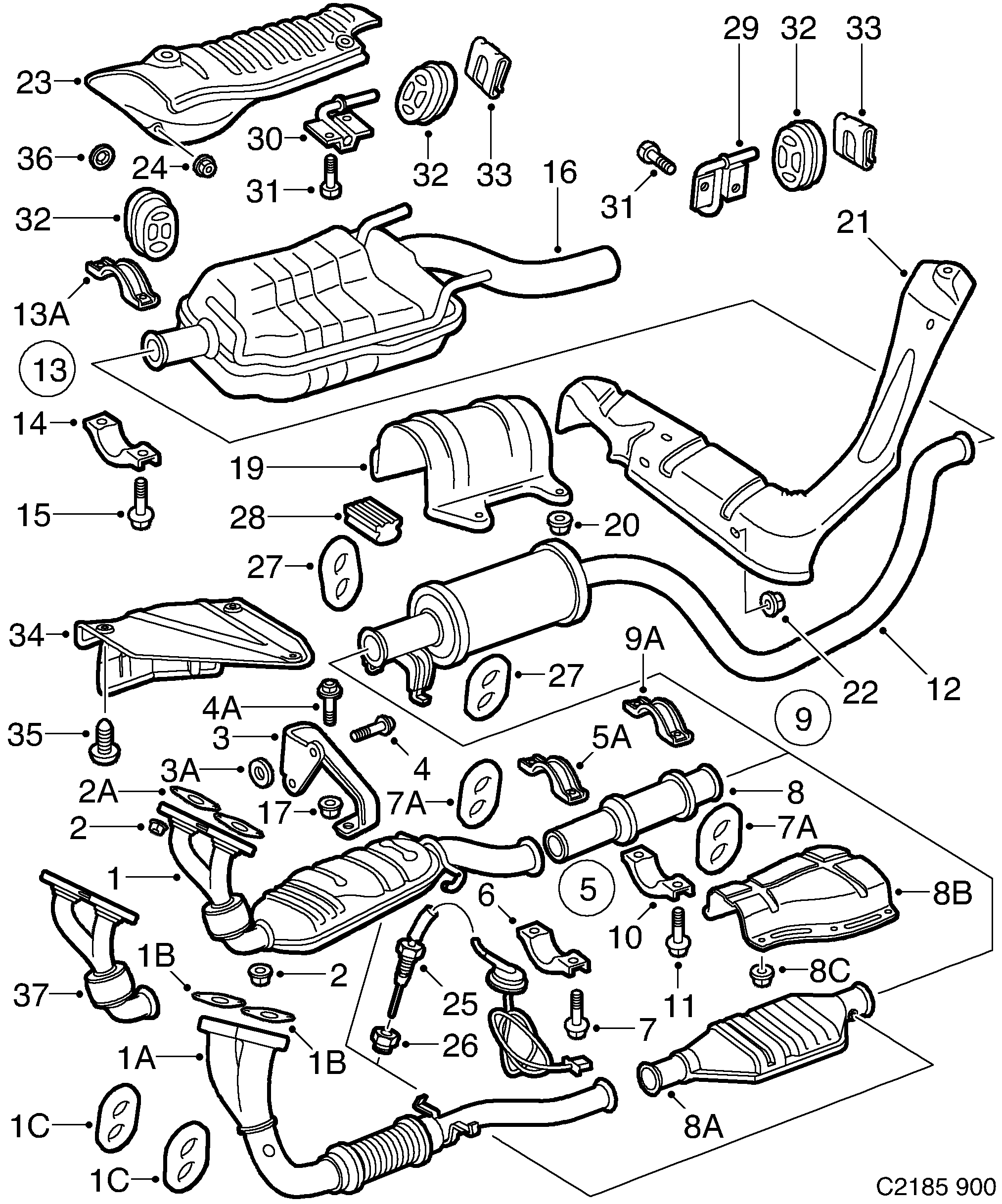 Schéma technique Saab 900 1996 - Section 1500 : Intake and exhaust system