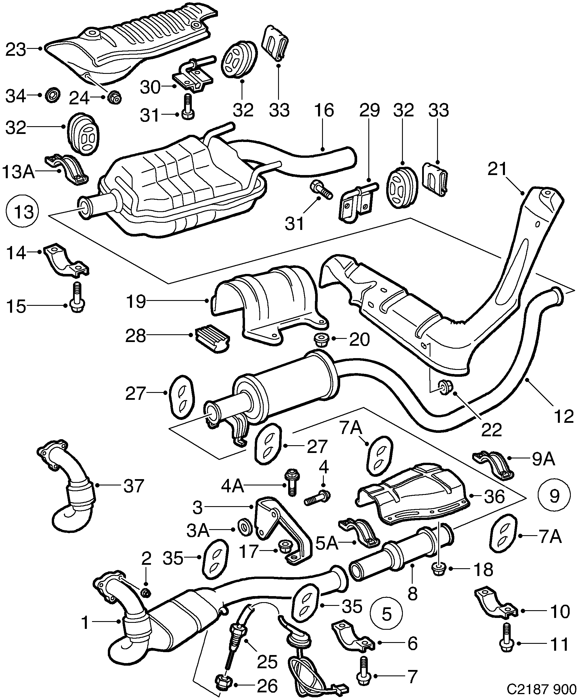 Schéma technique Saab 900 1994 - Section 1560 : Système d'admission et d'échappement