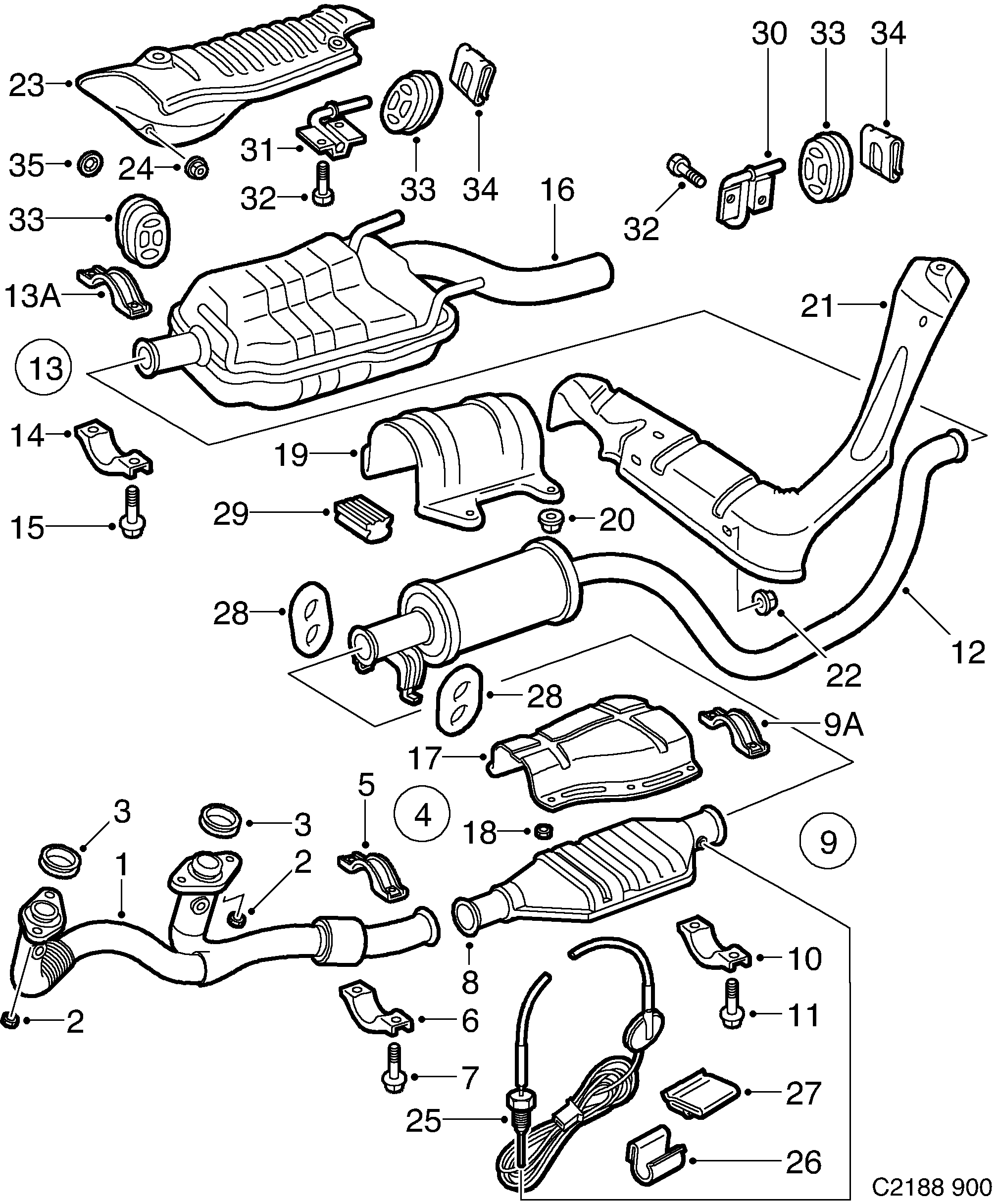 Schéma technique Saab 900 1995 - Section 1590 : Système d'admission et d'échappement