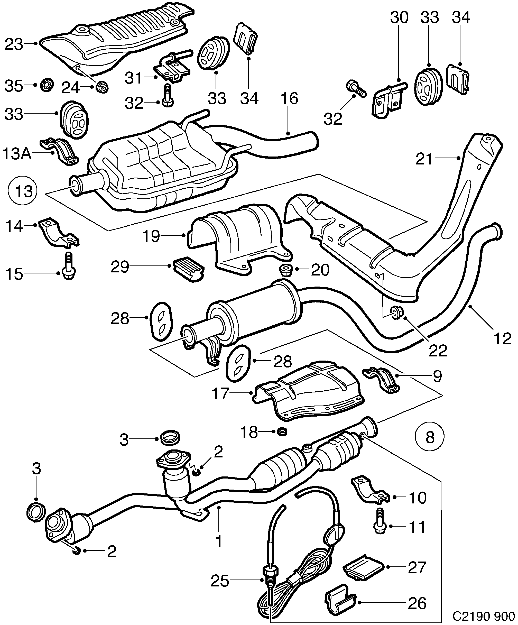 Schéma technique Saab 900 1997 - Section 1650 : Intake and exhaust system