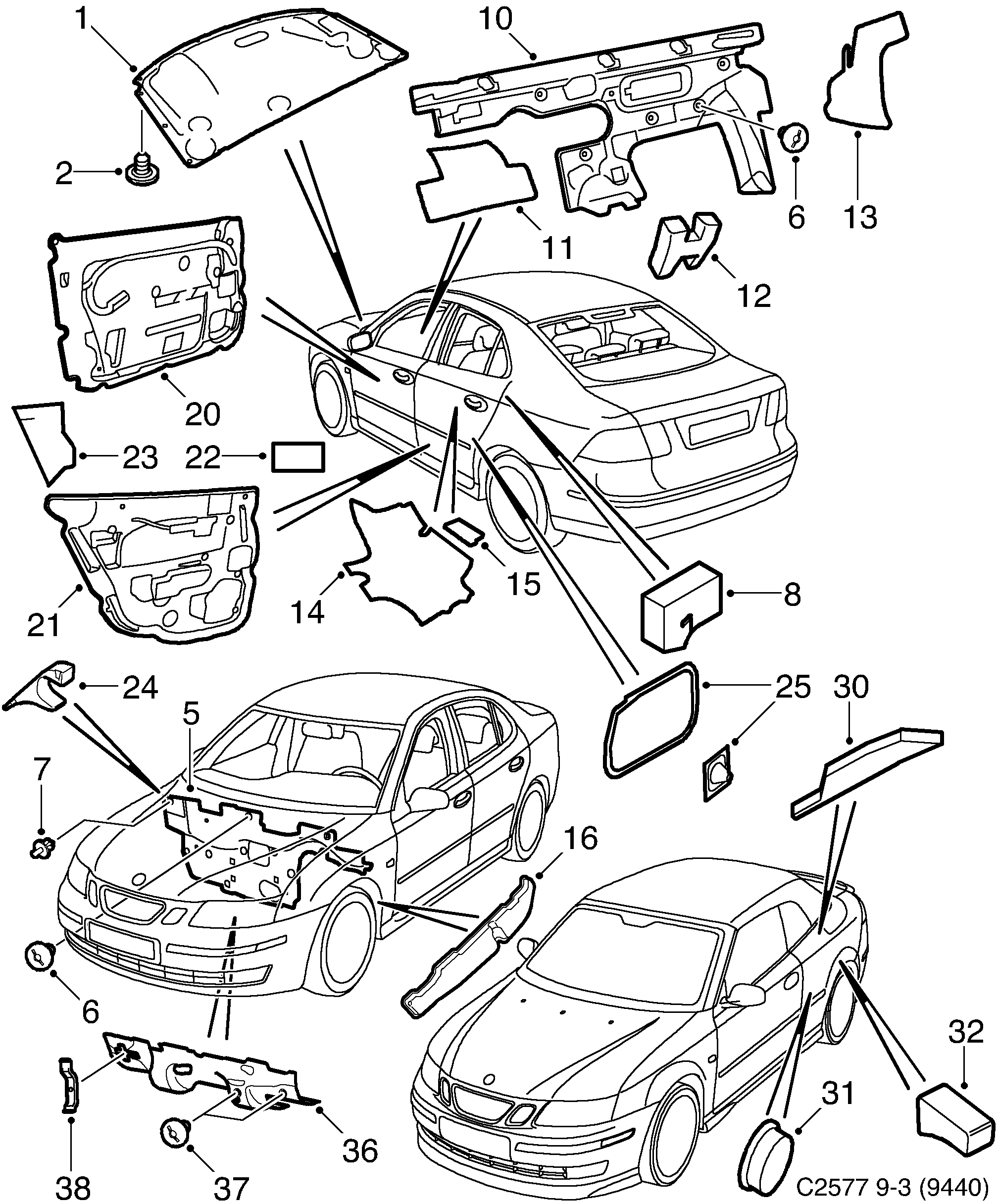 Schéma technique Saab 9-3 (9440) 2004 - Section 2000 : Garnitures