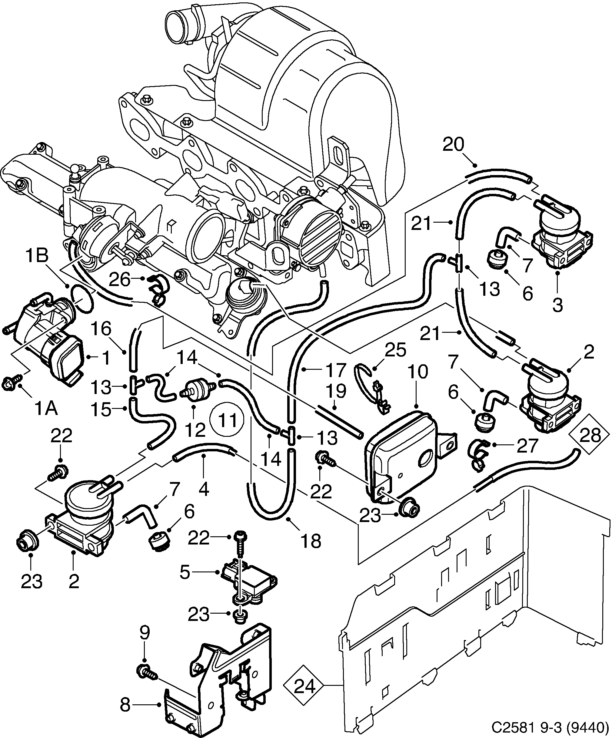 Schéma technique Saab 9-3 (9440) 2003 - Section 4500 : Système d'admission et d'échappement