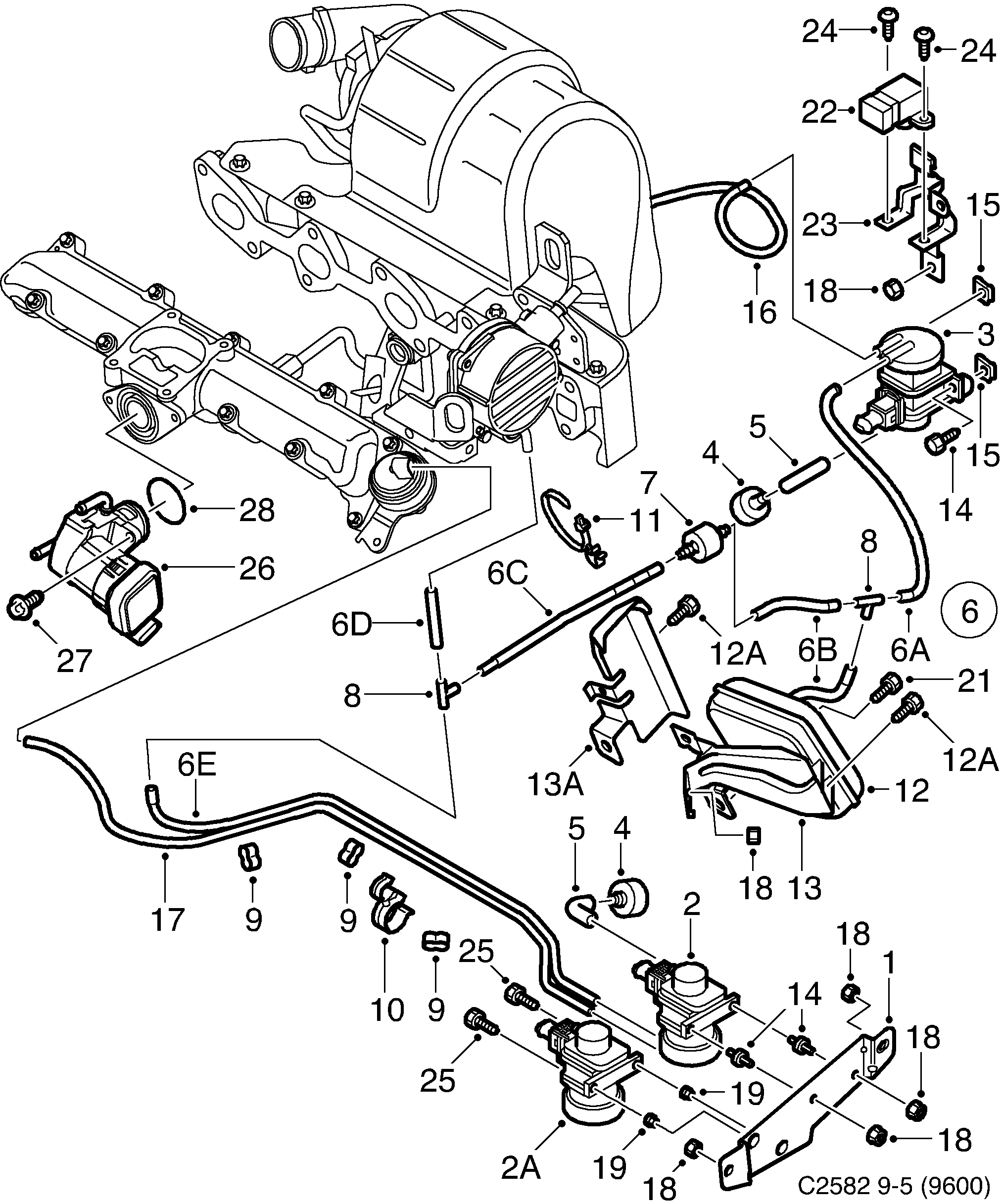 Schéma technique Saab 9-5 (9600) 2004 - Section 865 : Впускная система и выхлопная система