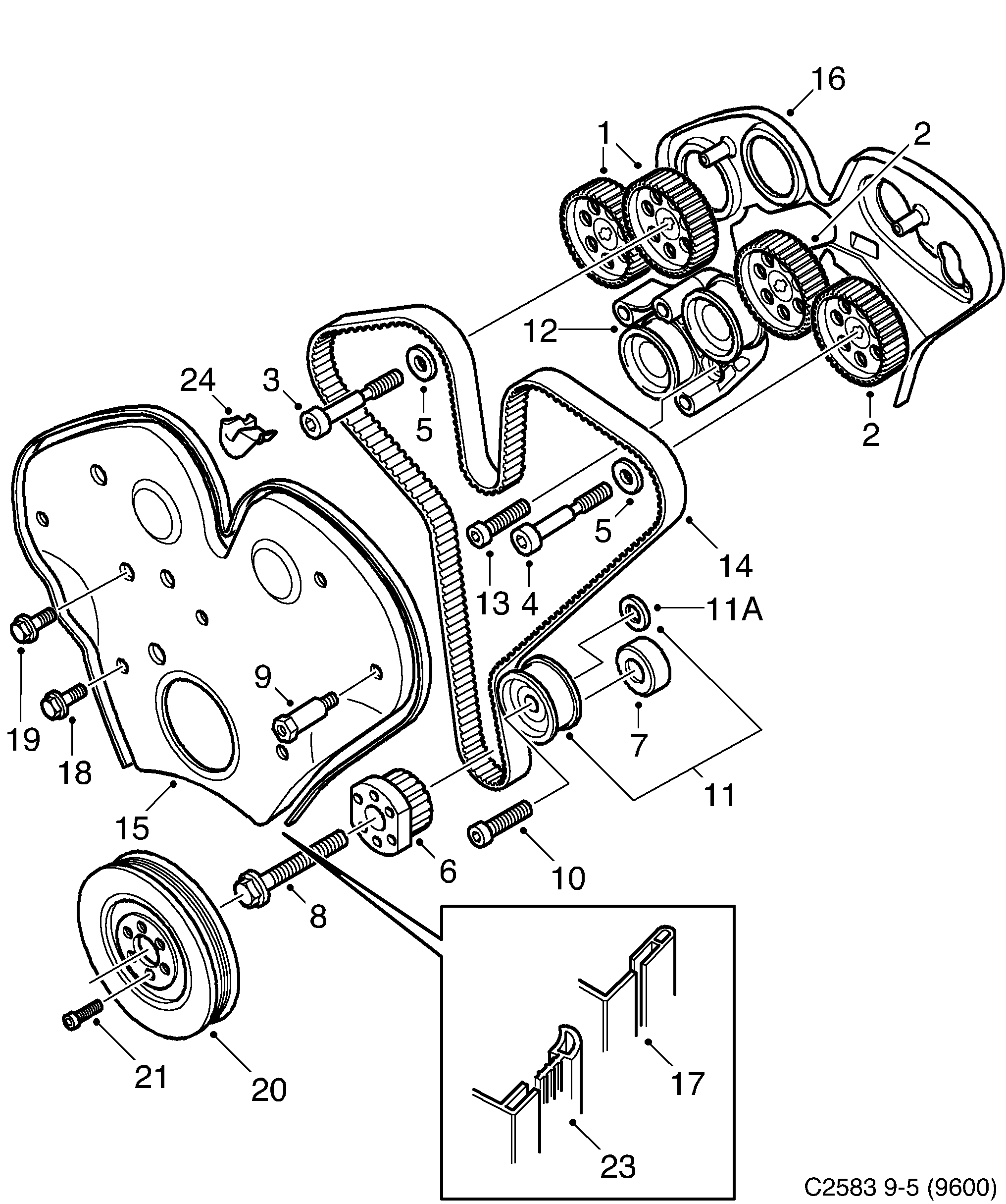 Schéma technique Saab 9-5 (9600) 1998 - Section 390 : Corps de moteur