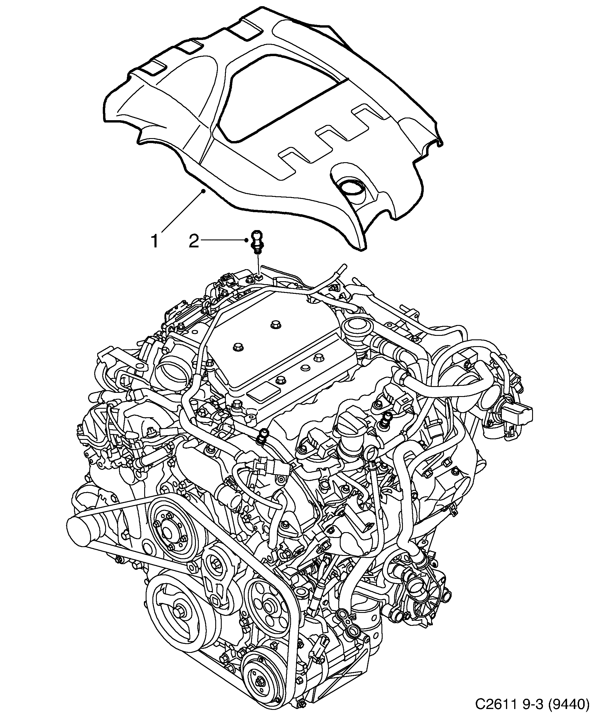 Schéma technique Saab 9-3 (9440) 2009 - Section 8010 : Engine bay cover