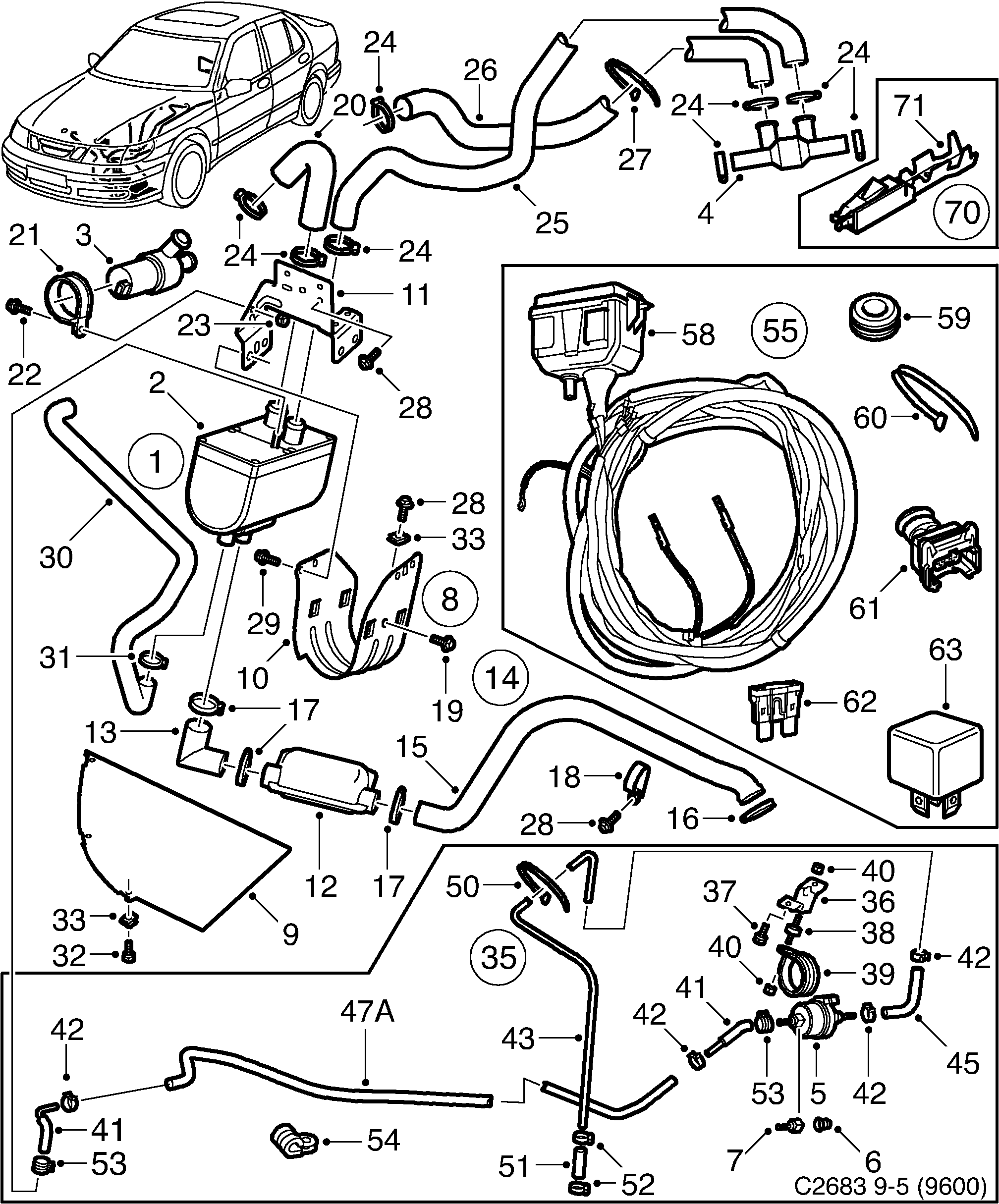 Schéma technique Saab 9-5 (9600) 2002 - Section 675 : Accessories body