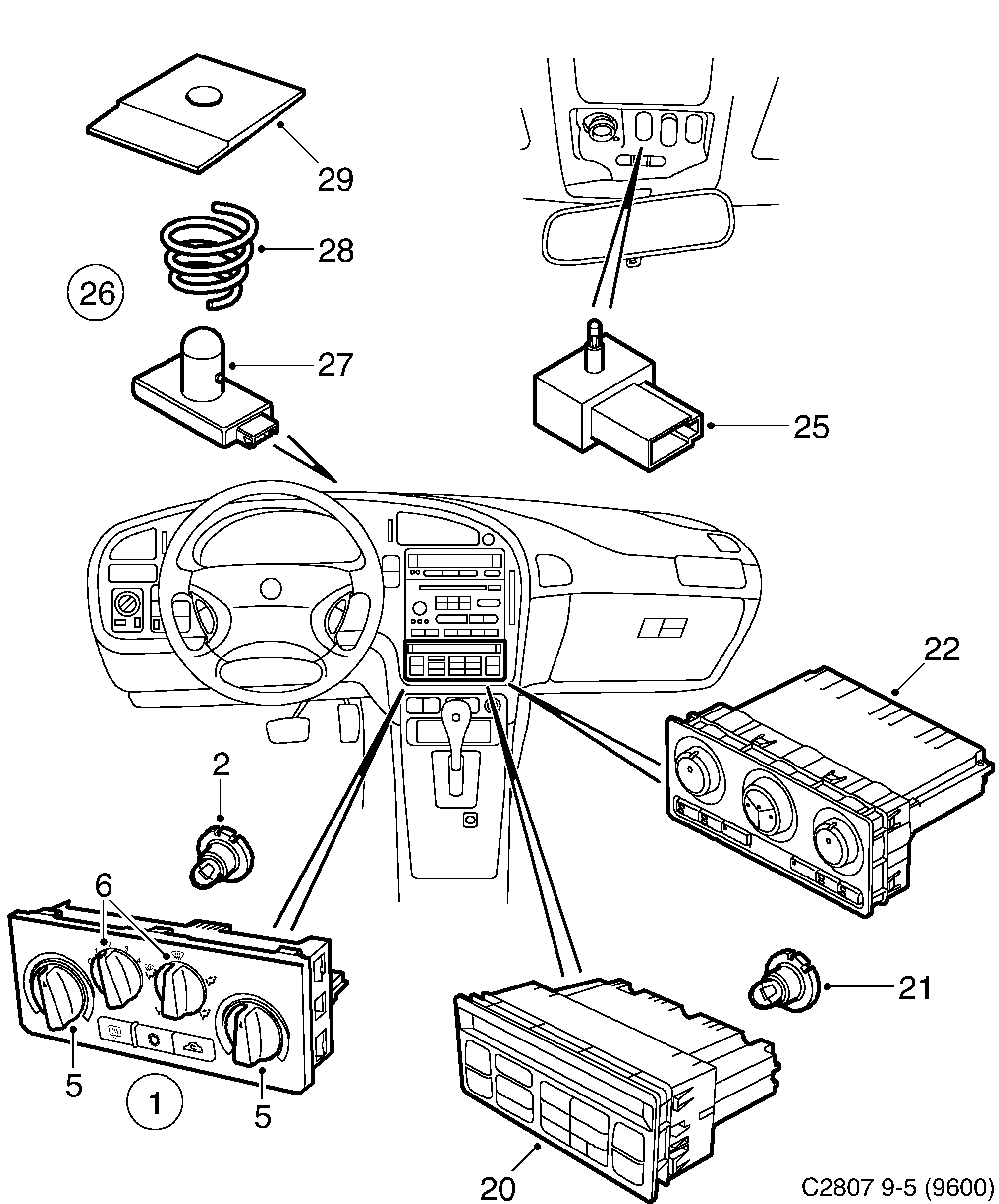 Schéma technique Saab 9-5 (9600) 2001 - Section 100 : Chauffage et ventilation