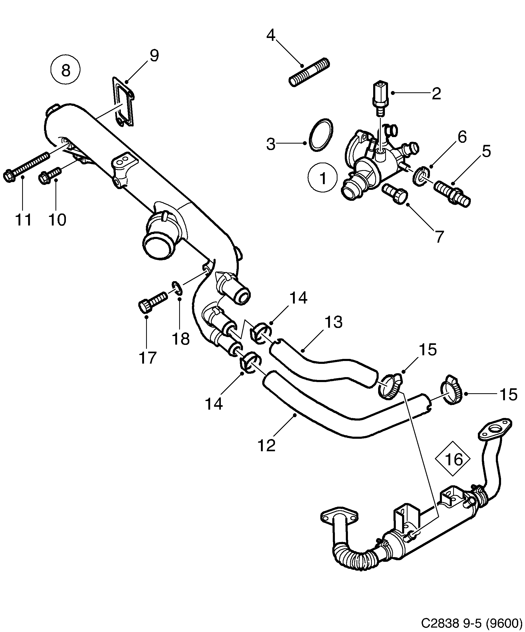 Schéma technique Saab 9-5 (9600) 2006 - Section 1175 : Cooling system