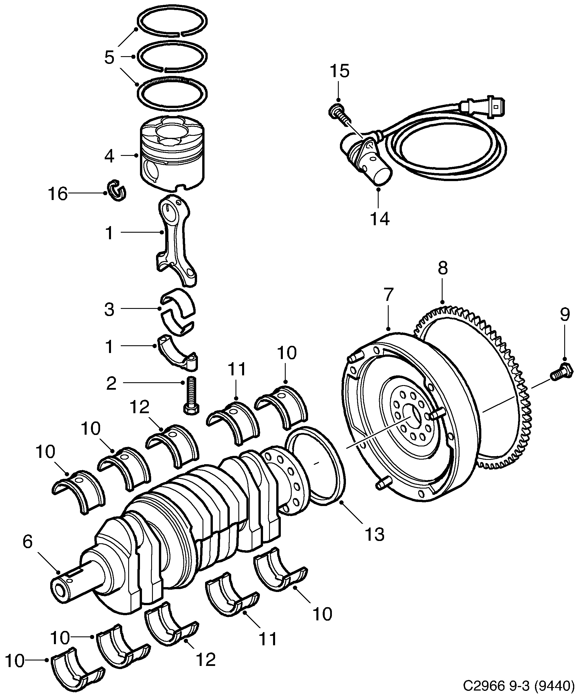 Schéma technique Saab 9-3 (9440) 2003 - Section 960 : Short block
