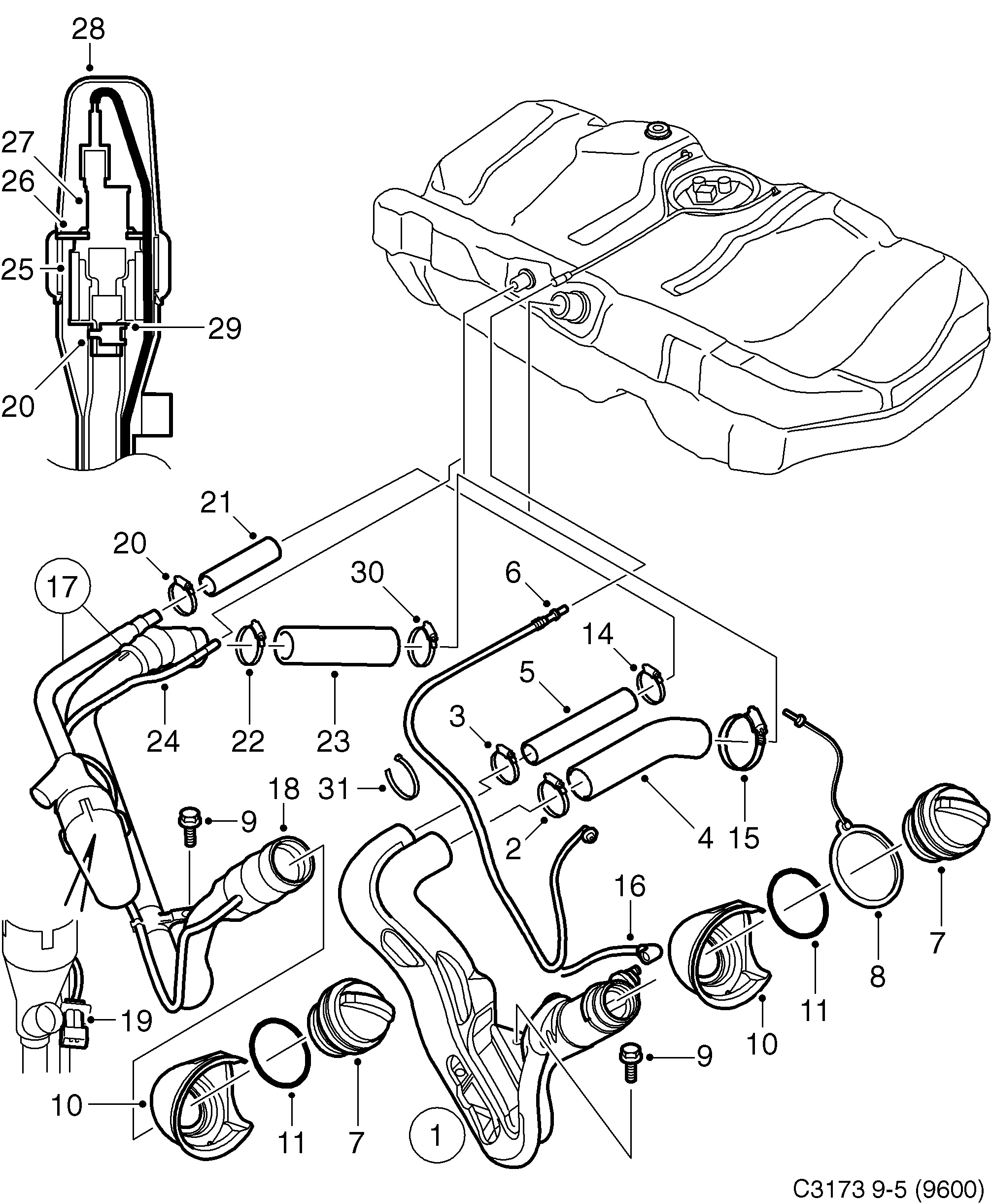 Schéma technique Saab 9-5 (9600) 2004 - Section 555 : Système de carburant