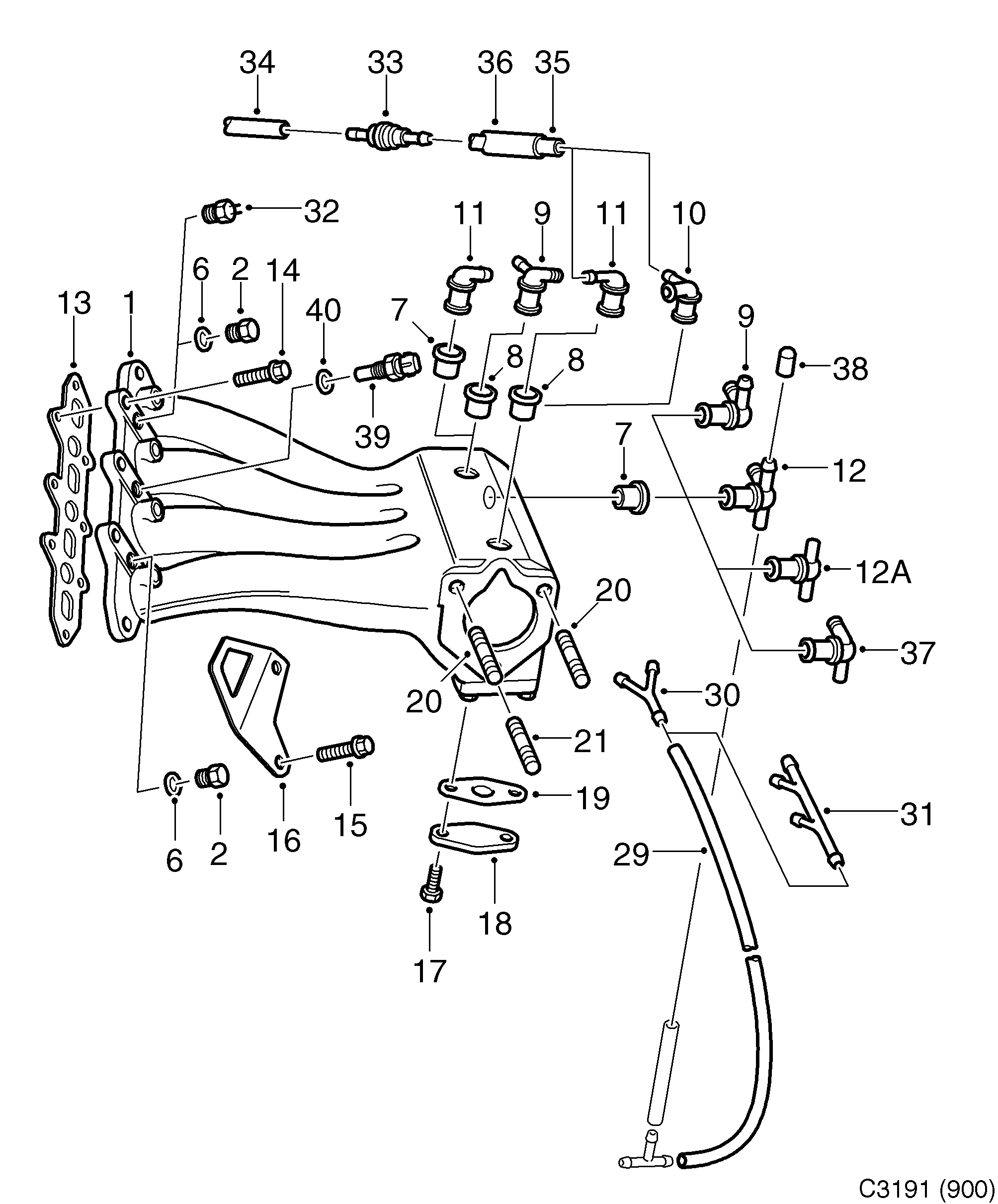 Schéma technique Saab 900 1986 - Section 1090 : Intake and exhaust system