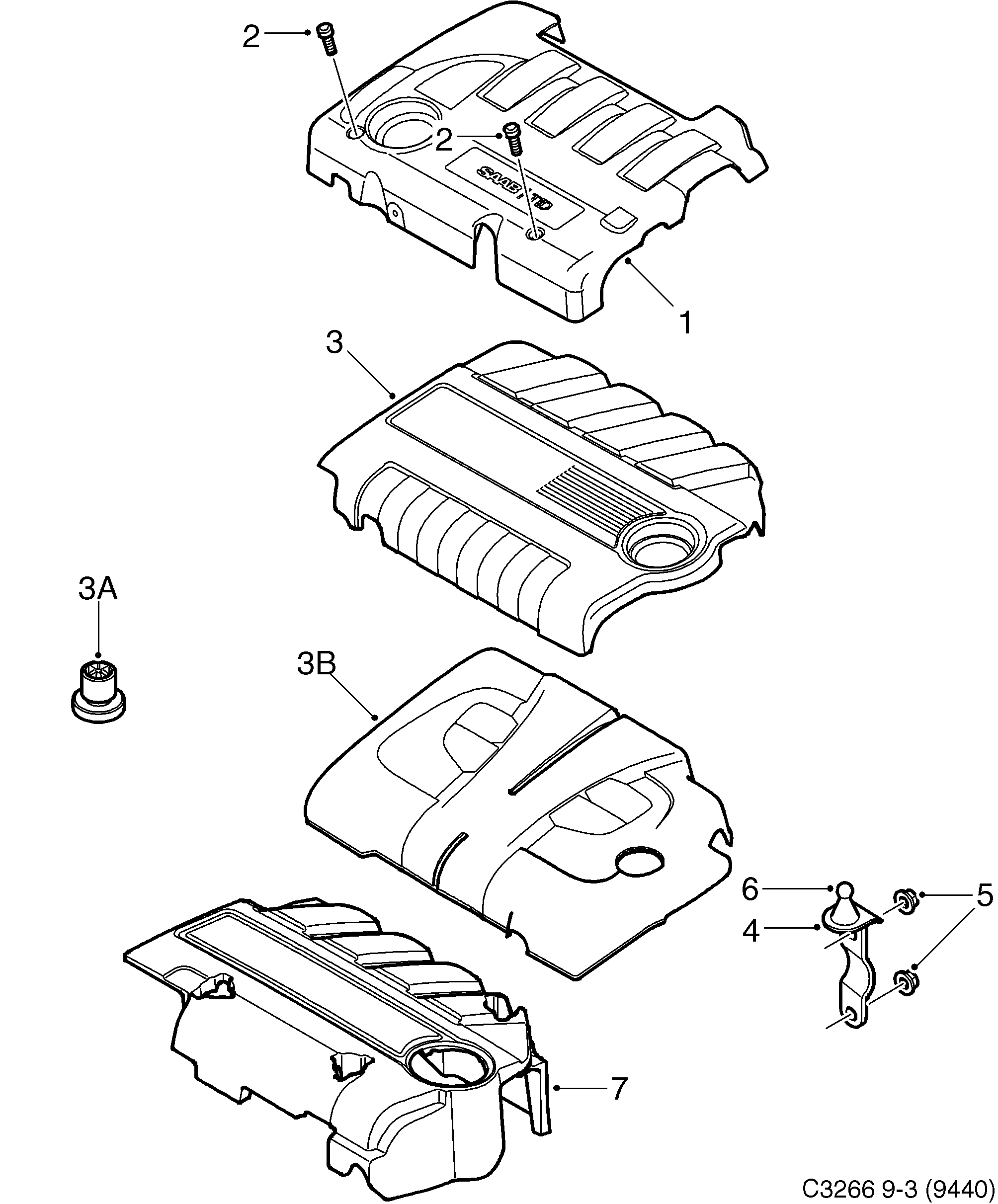 Schéma technique Saab 9-3 (9440) 2009 - Section 8075 : Engine bay cover