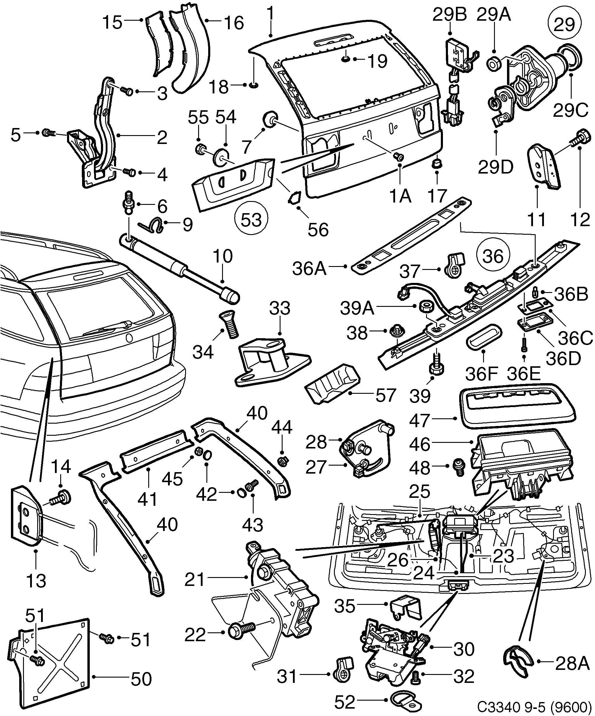 Schéma technique Saab 9-5 (9600) 2002 - Section 652 : Doors, boot lid