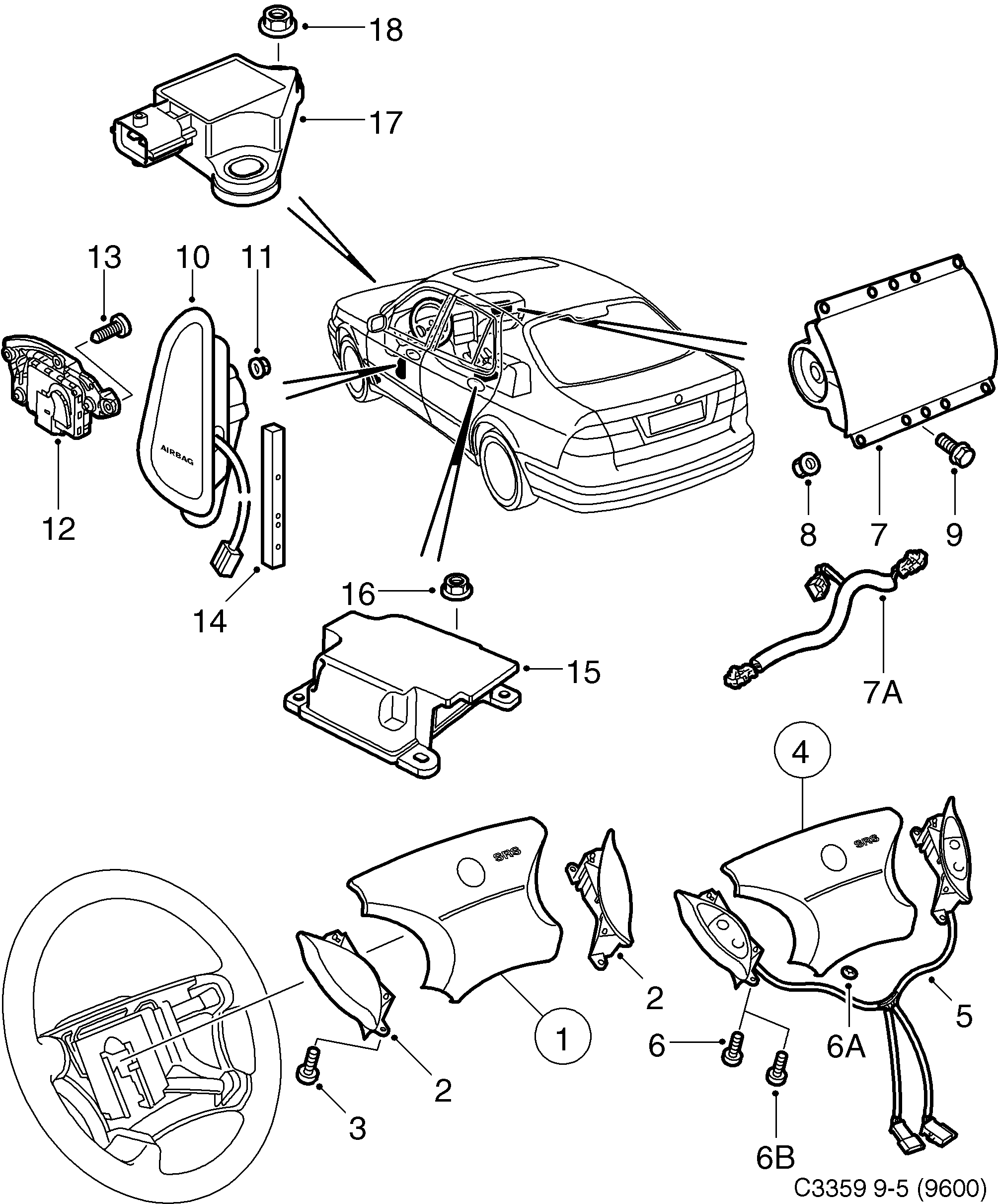 Schéma technique Saab 9-5 (9600) 2010 - Section 180 : Надувная подушка безопасности