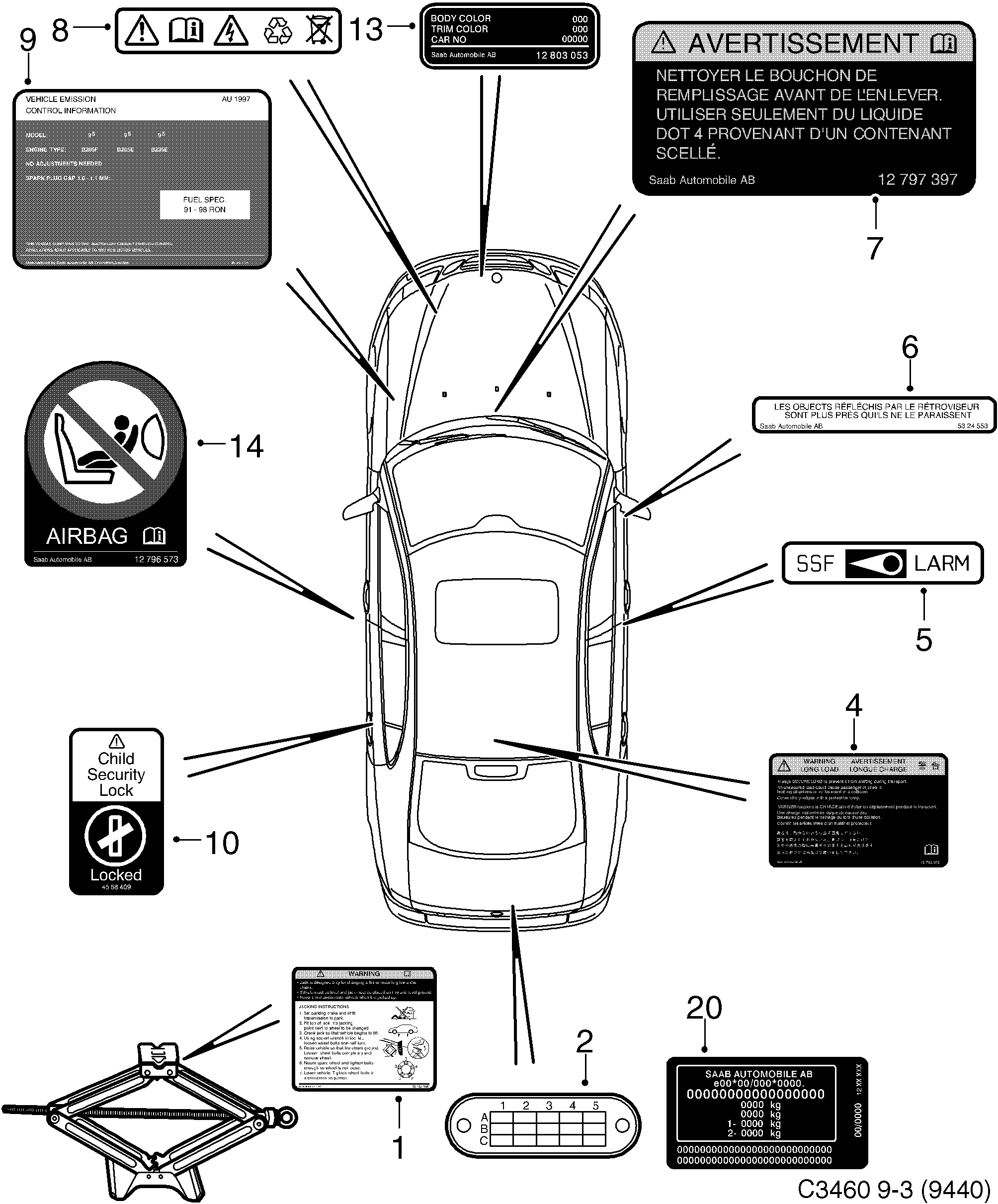 Schéma technique Saab 9-3 (9440) 2006 - Section 1200 : Этикетки