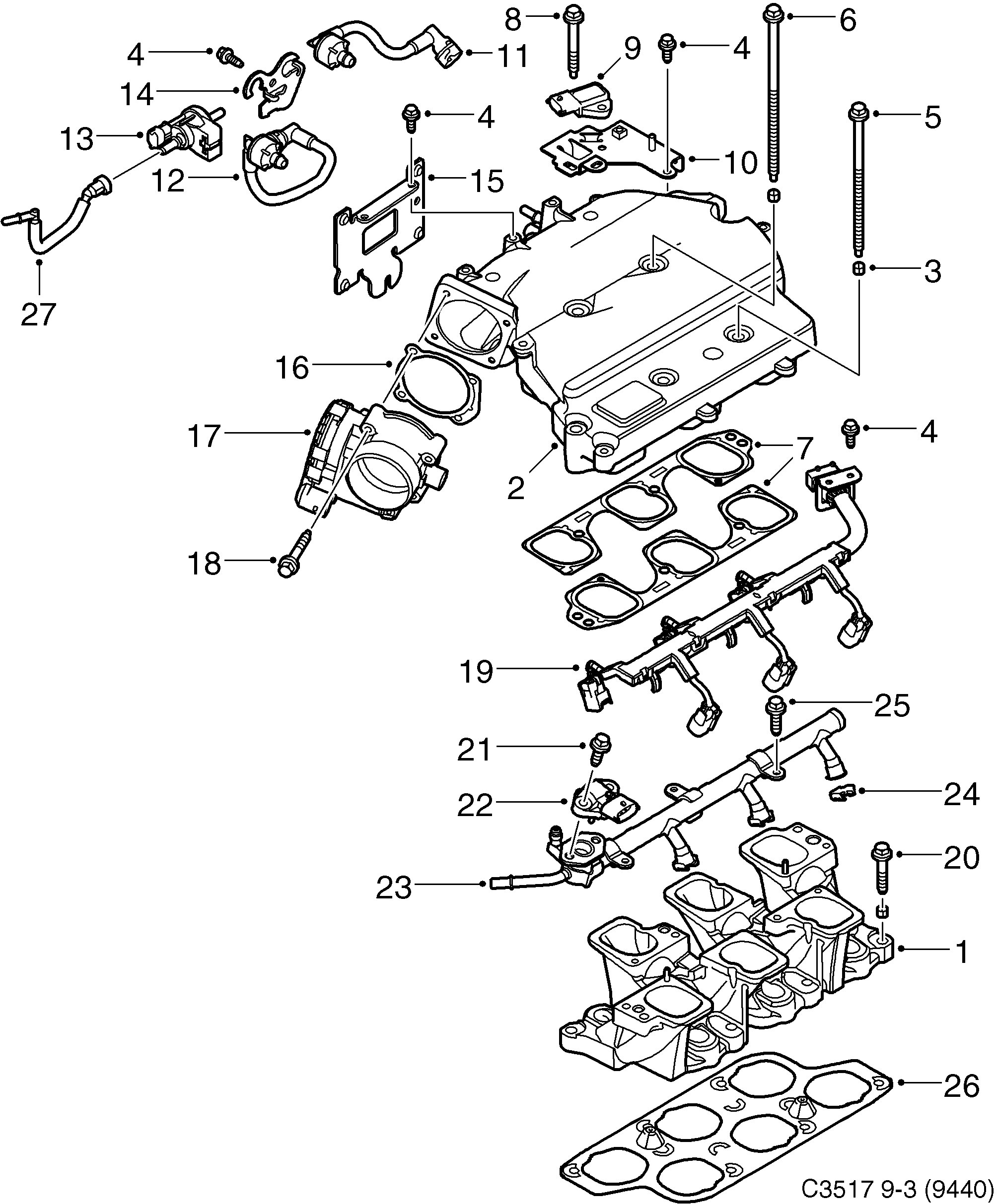 Schéma technique Saab 9-3 (9440) 2009 - Section 4010 : Intake and exhaust system