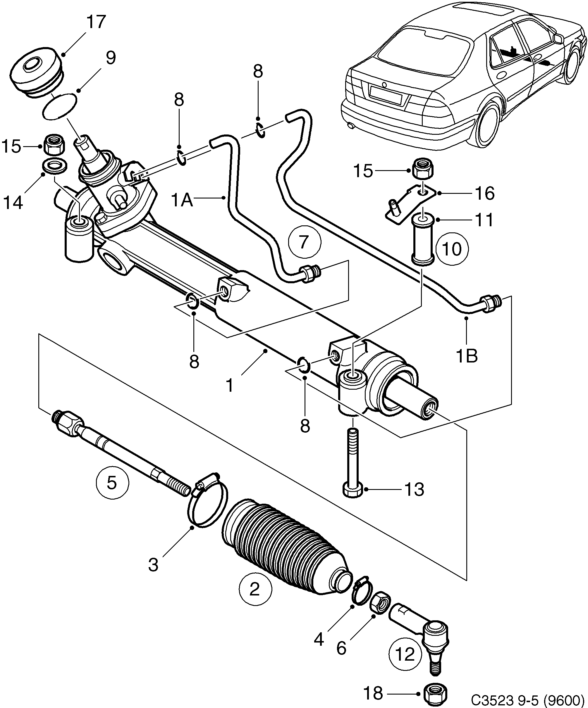 Schéma technique Saab 9-5 (9600) 2002 - Section 190 : Direction