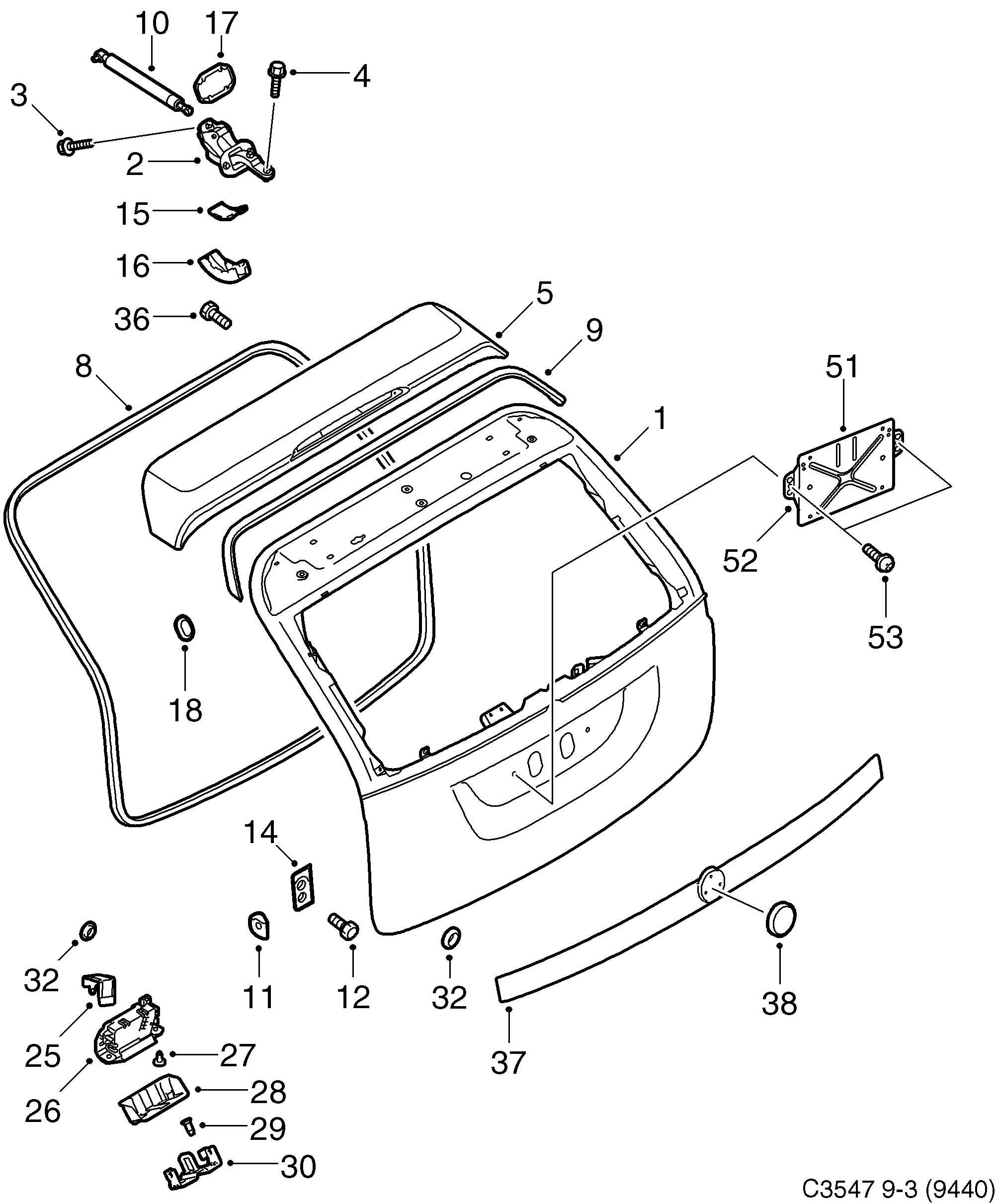 Schéma technique Saab 9-3 (9440) 2012 - Section 1075 : Doors, boot lid