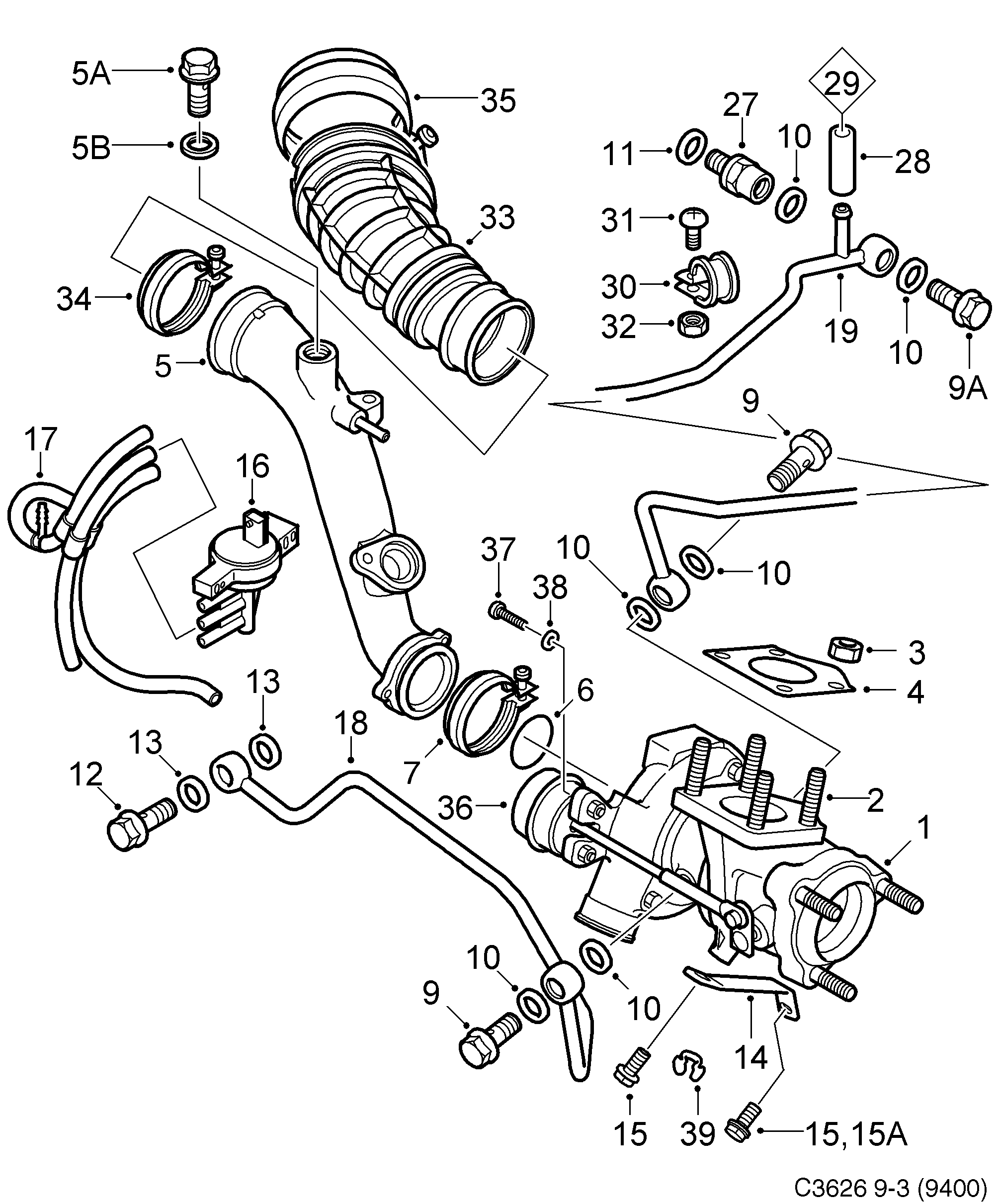Schéma technique Saab 9-3 (9400) 2000 - Section 1425 : Система наддува