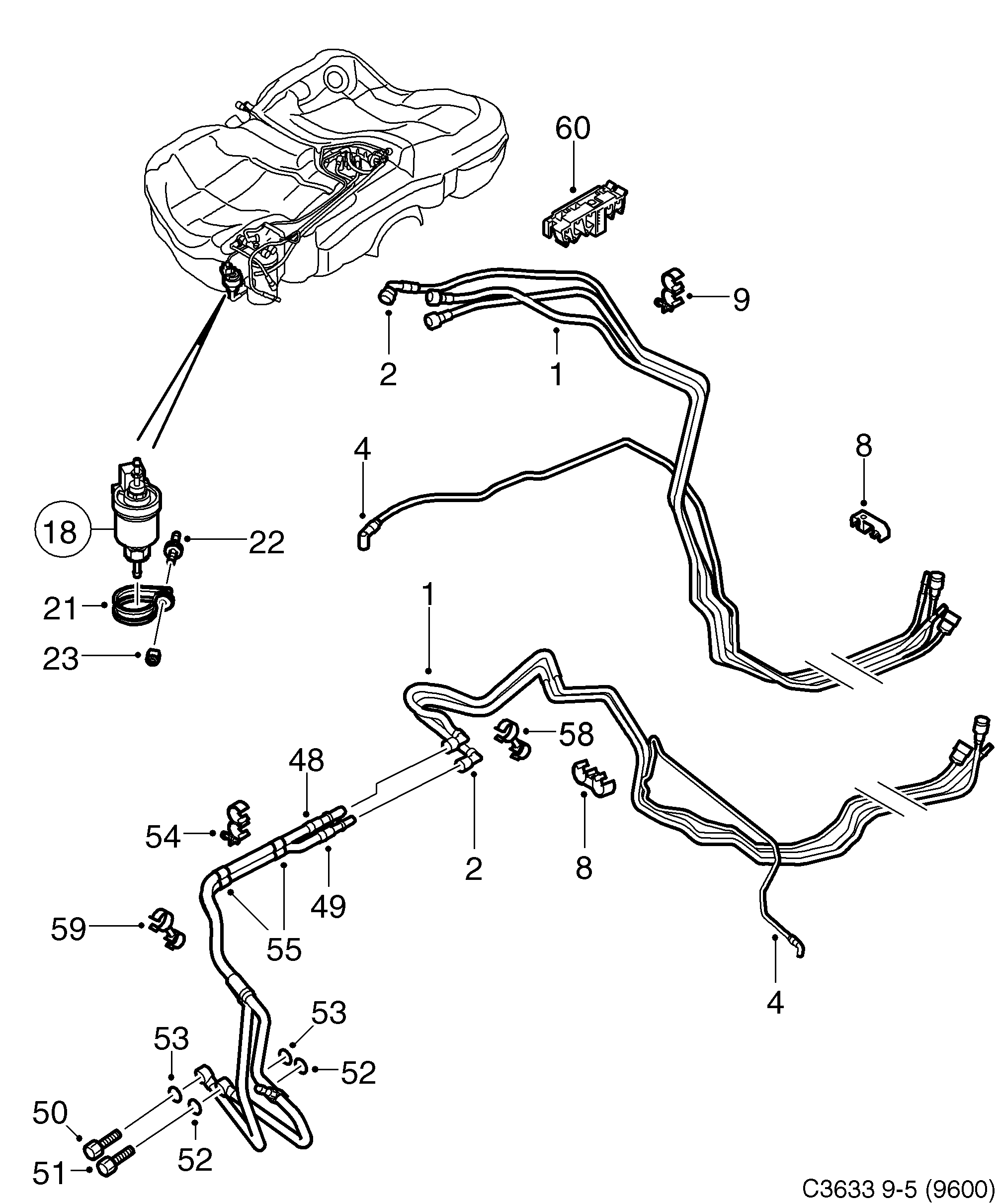 Schéma technique Saab 9-5 (9600) 2009 - Section 605 : Fuel system