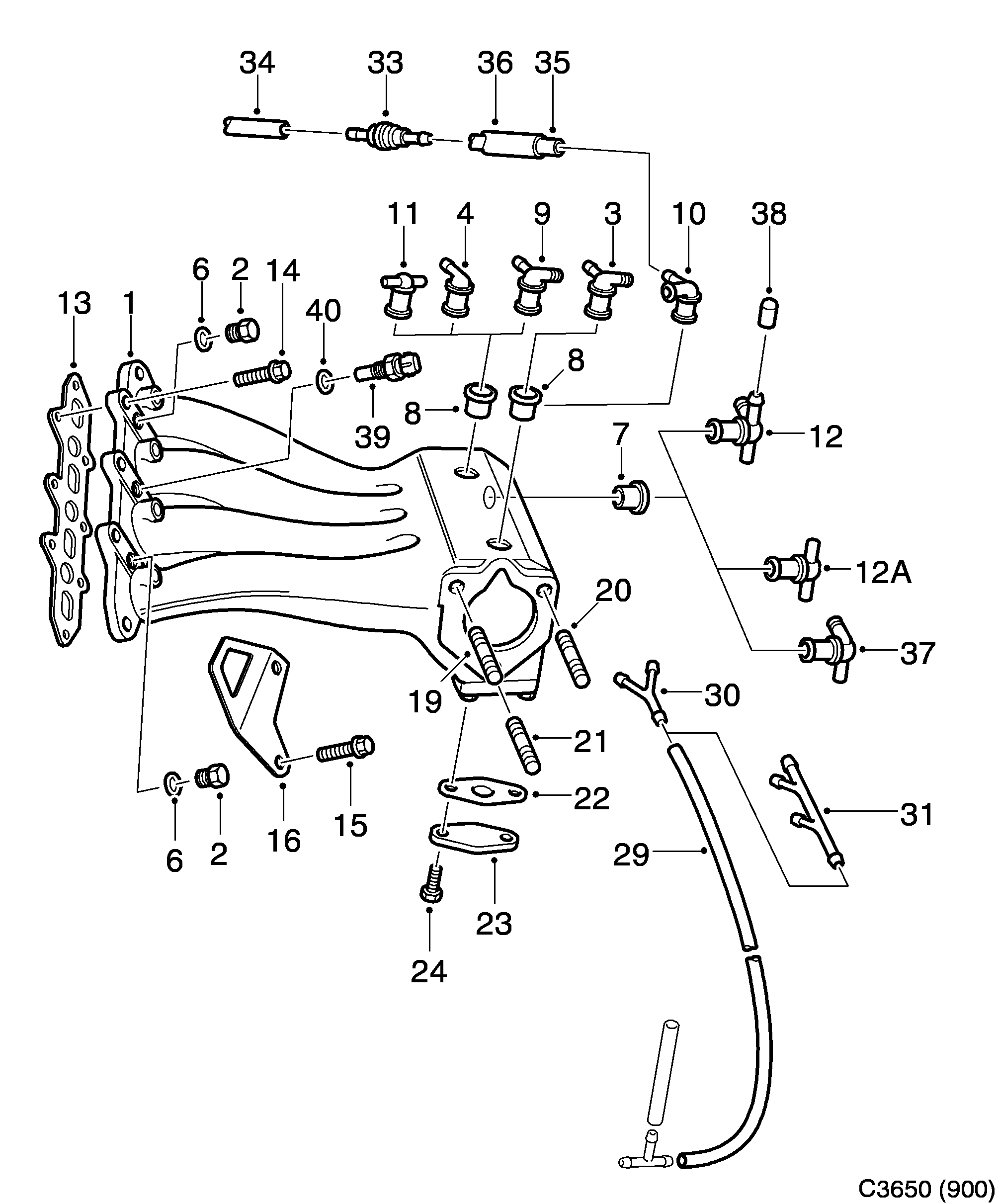 Schéma technique Saab 900 1990 - Section 1100 : Впускная система и выхлопная система