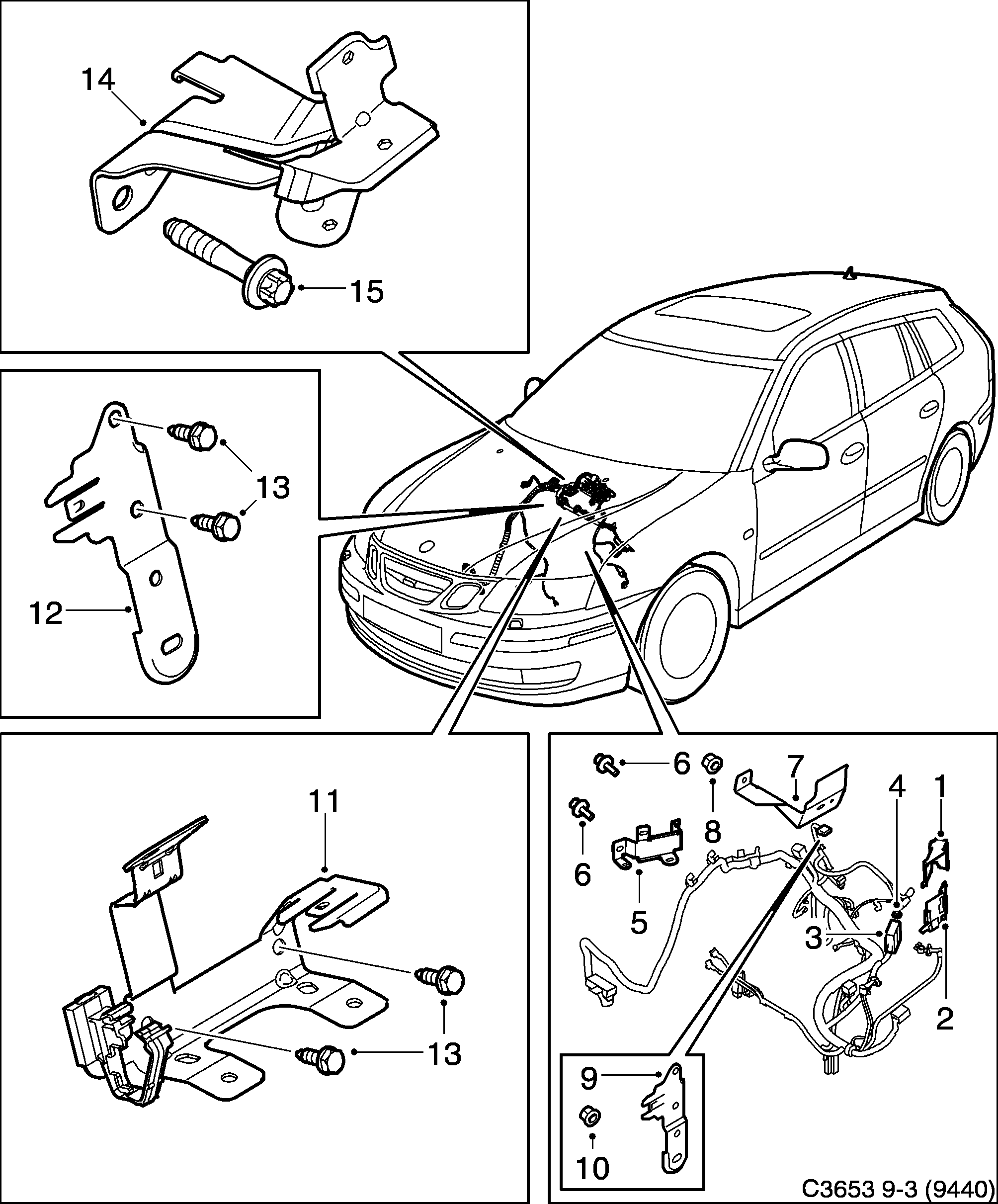 Schéma technique Saab 9-3 (9440) 2006 - Section 4600 : Conduites et fusibles