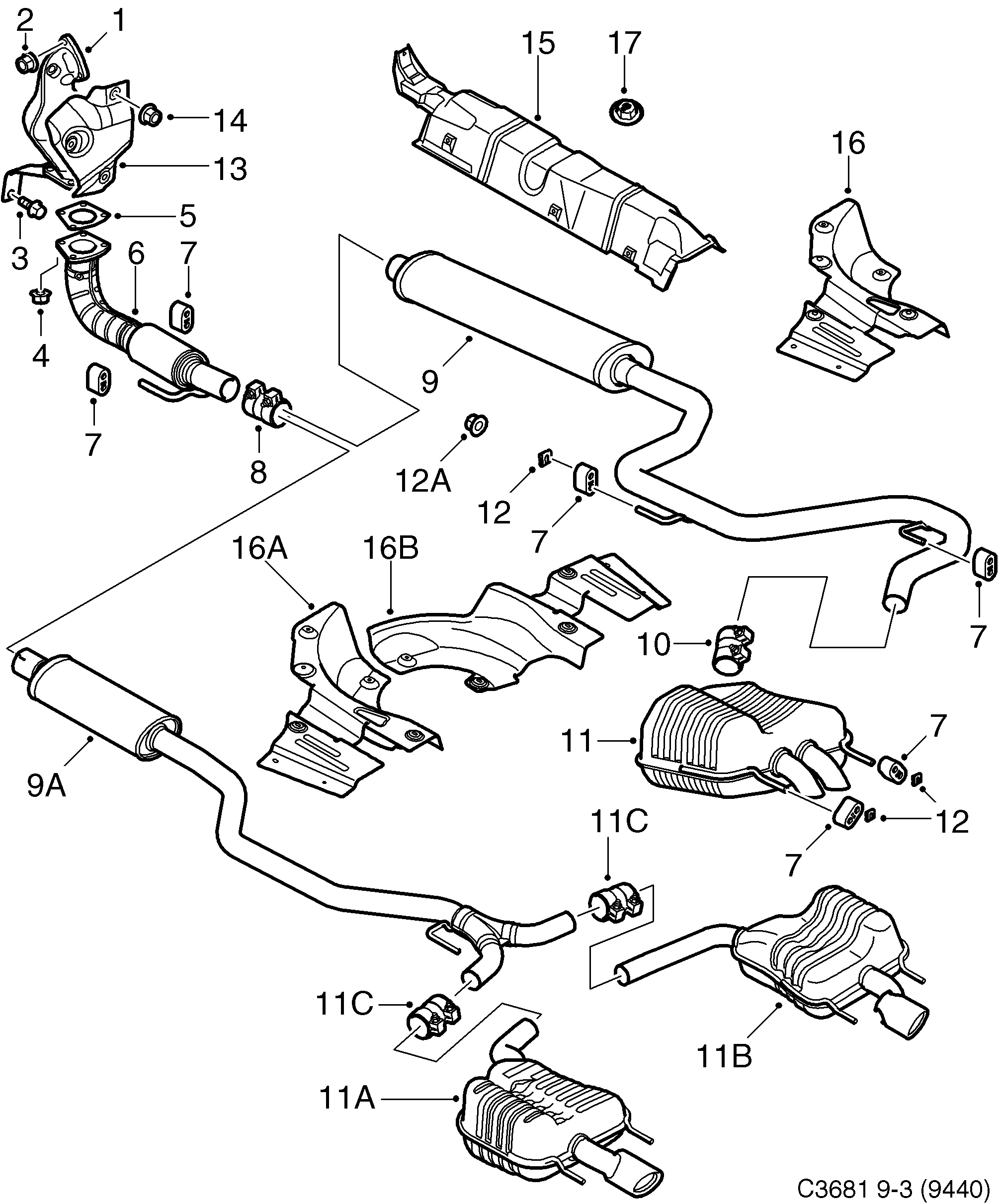 Schéma technique Saab 9-3 (9440) 2003 - Section 4700 : Système d'admission et d'échappement