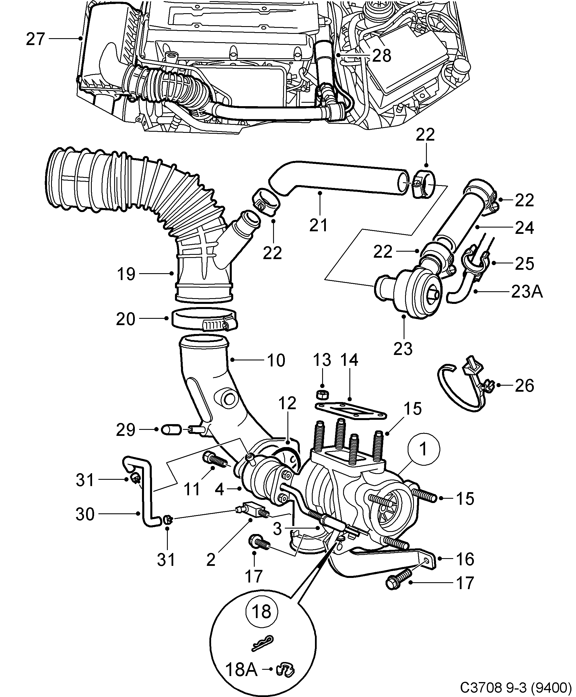 Schéma technique Saab 9-3 (9400) 1999 - Section 1420 : Система наддува