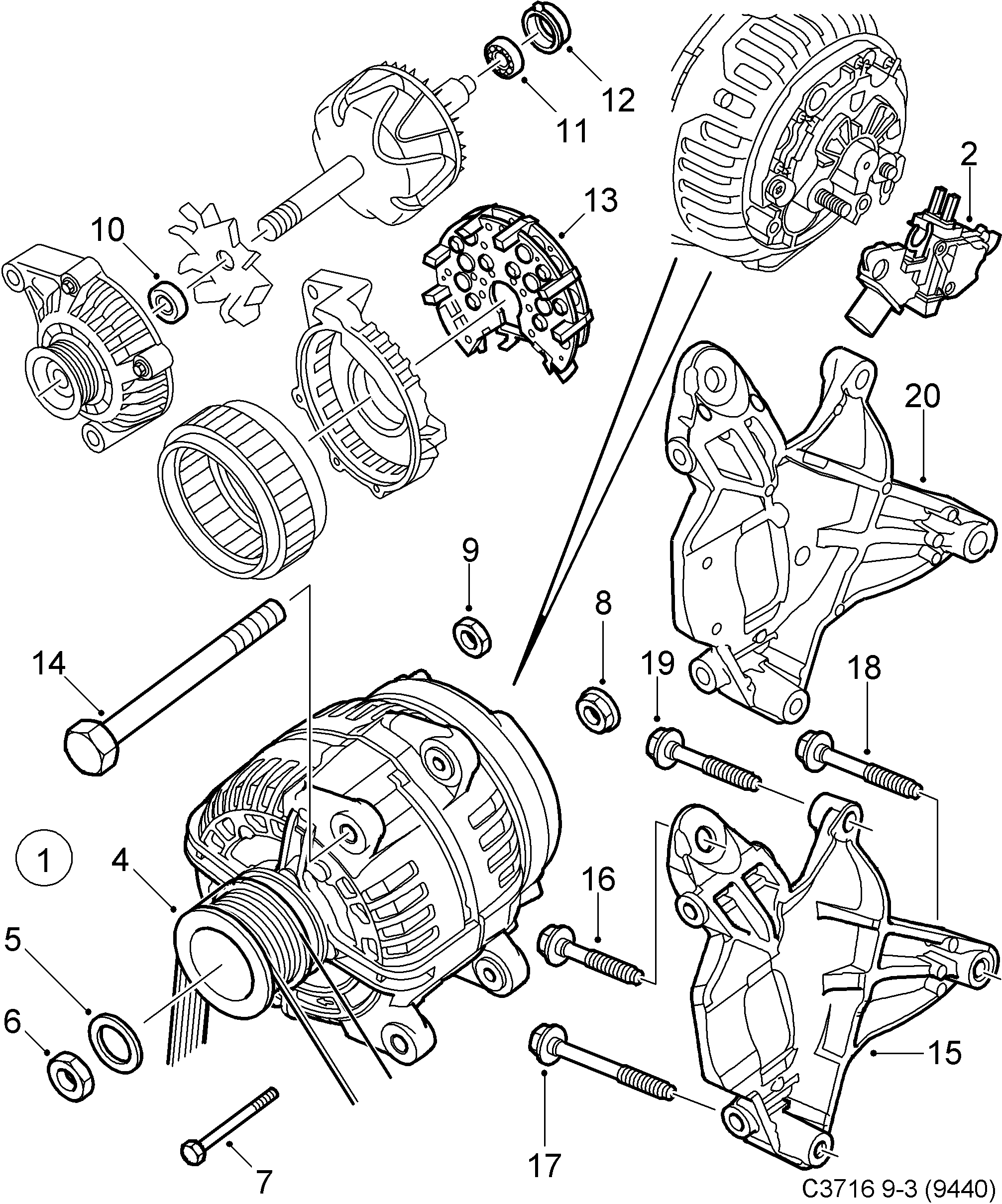 Schéma technique Saab 9-3 (9440) 2007 - Section 230 : Alternateur