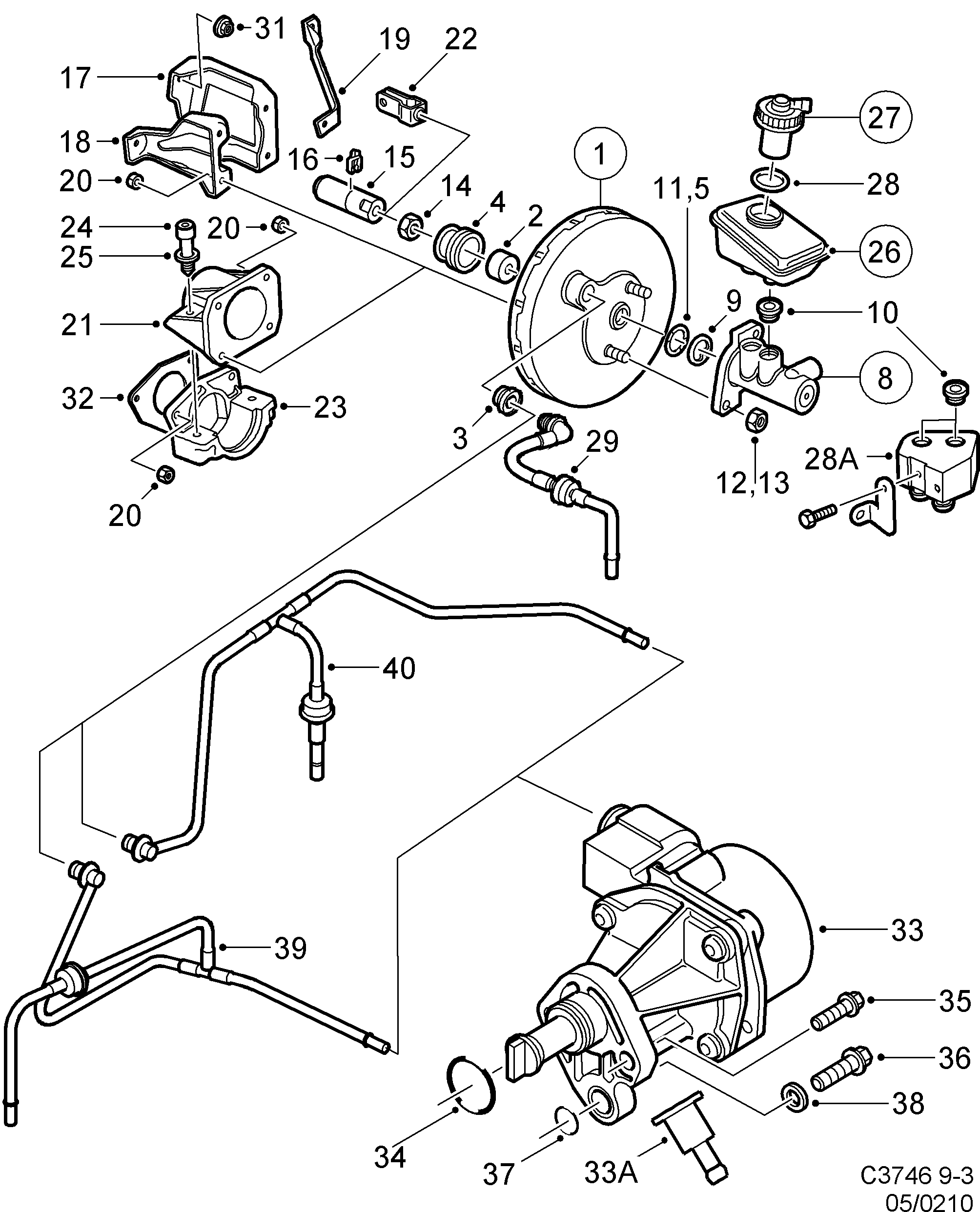 Schéma technique Saab 9-3 (9400) 2000 - Section 210 : Circuit de frein au pied